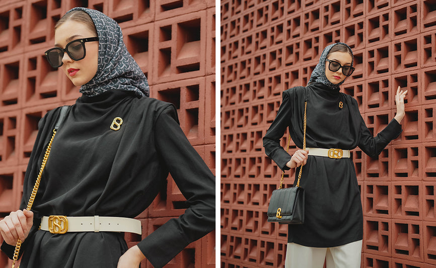 OOTD Baju Monokrom Hijab Ala Benang Jarum