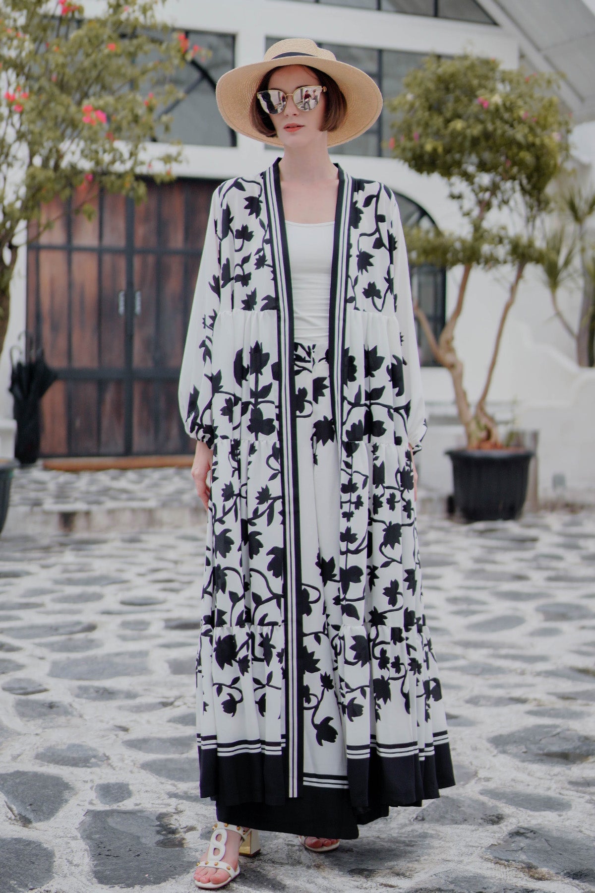 Monochrome Floral Tiered Maxi Outer - White