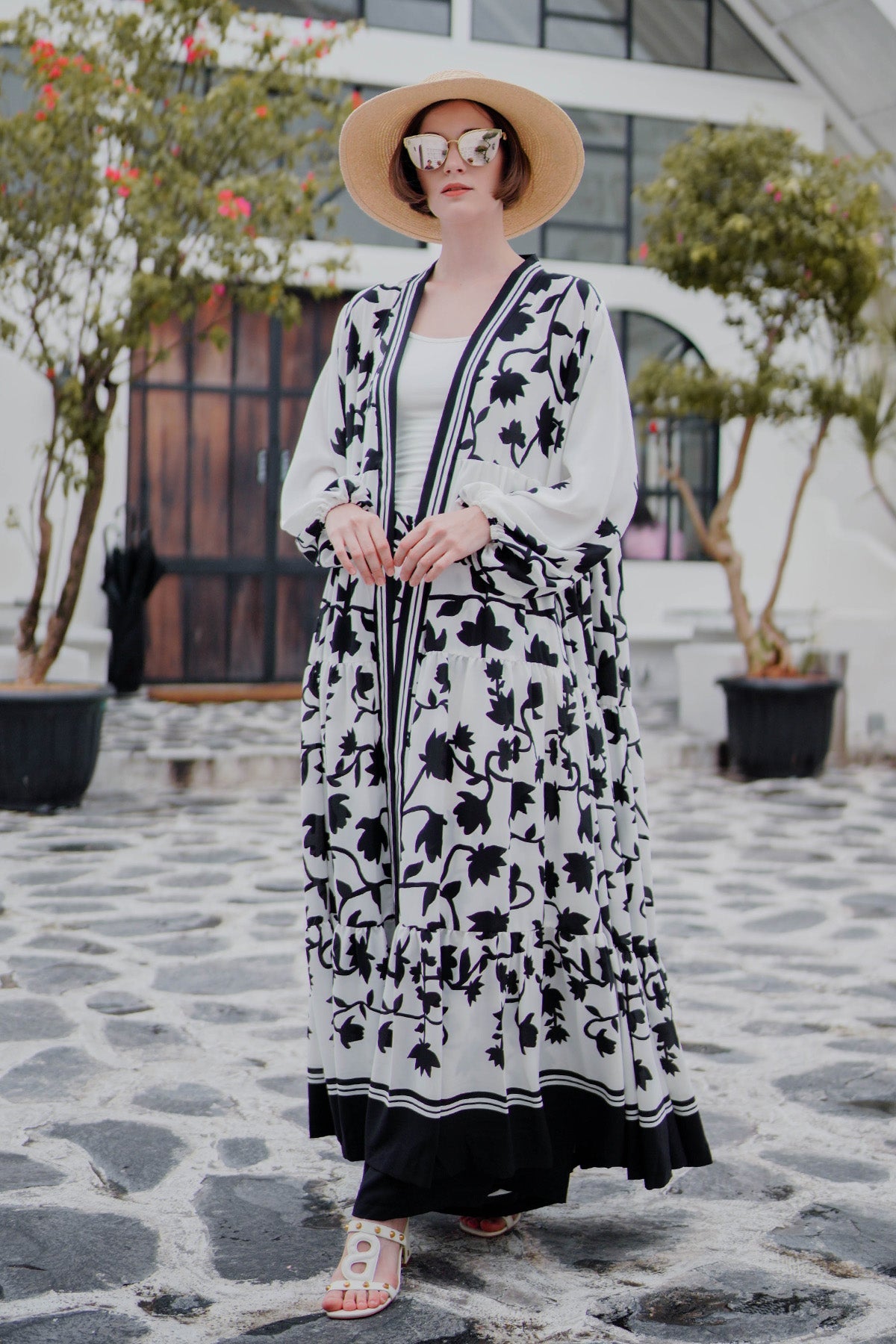 Monochrome Floral Tiered Maxi Outer - White