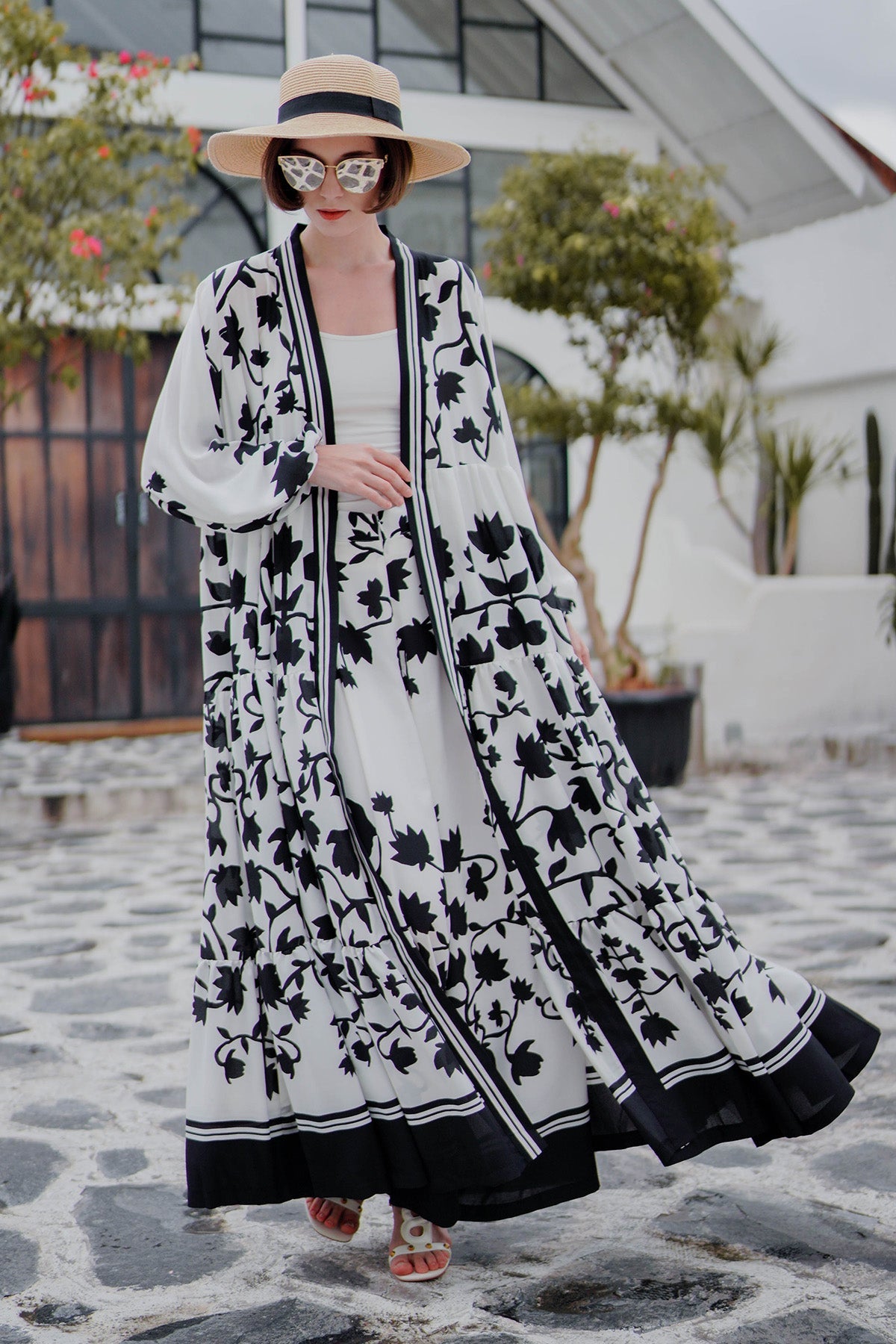 Monochrome Floral Tiered Maxi Outer - White