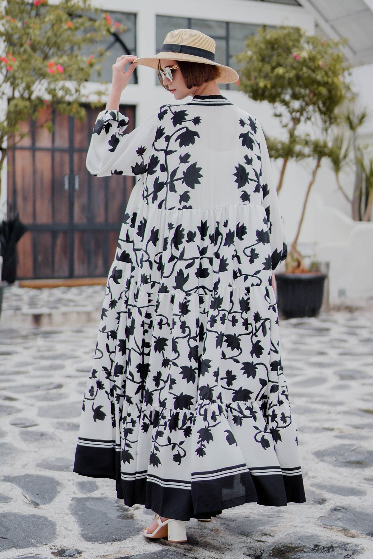 Monochrome Floral Tiered Maxi Outer - White