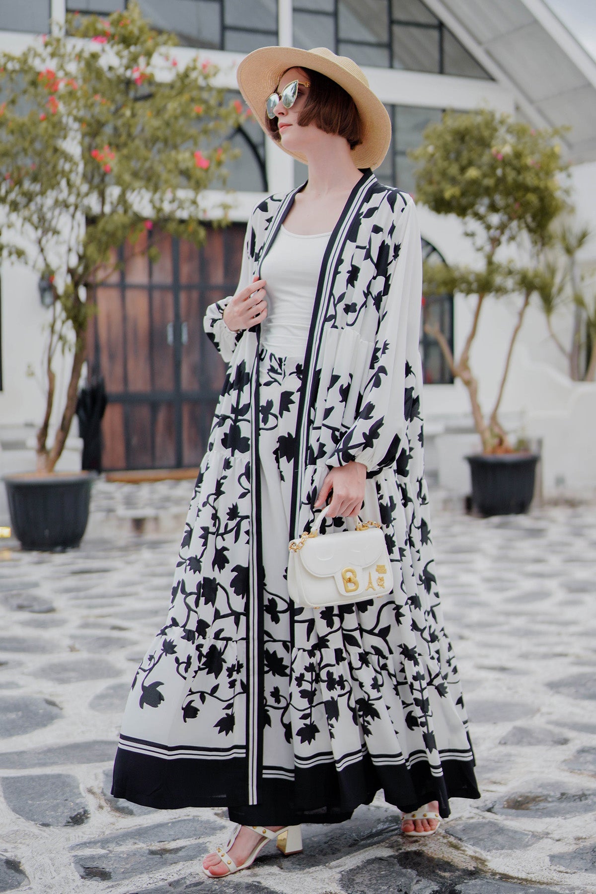 Monochrome Floral Tiered Maxi Outer - White