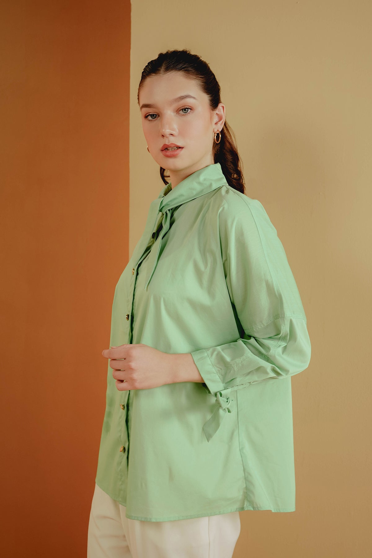 Azra Tie Bow Shirt - Green