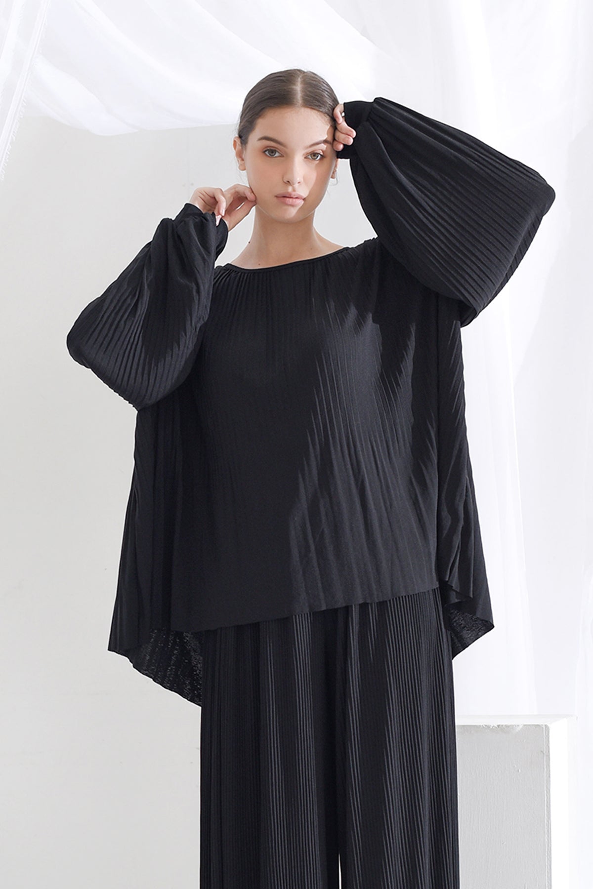 Black Pleats Me Flowy Blouse