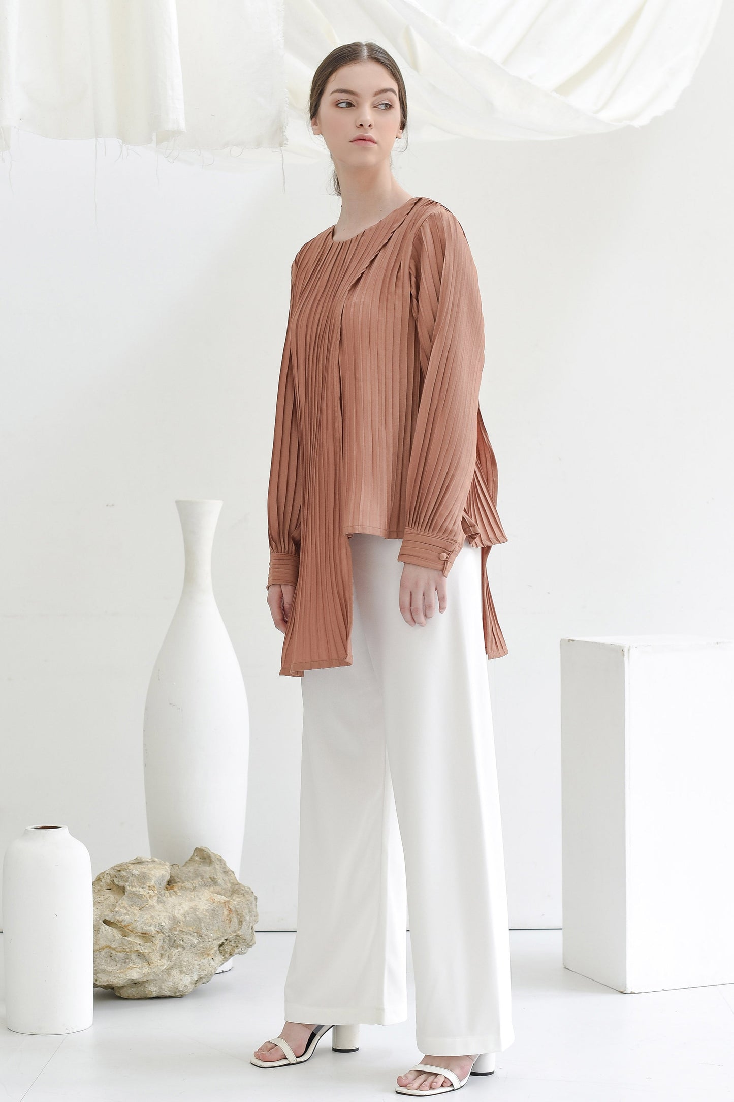 Brick Asymmetric Pleated Blouse