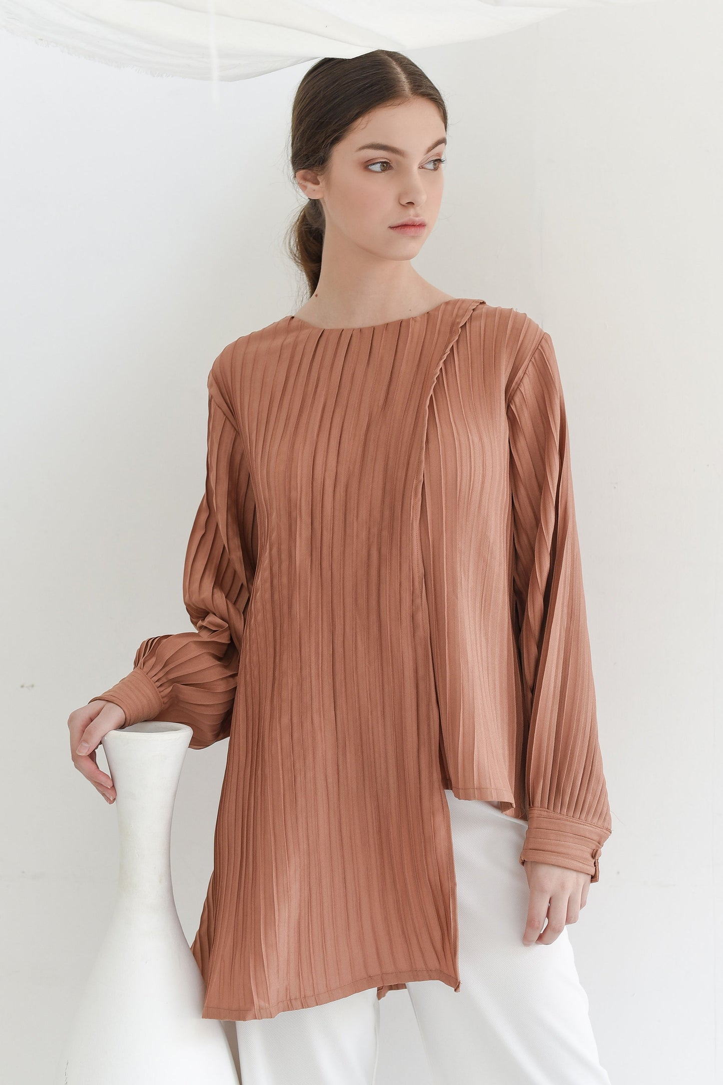 Brick Asymmetric Pleated Blouse