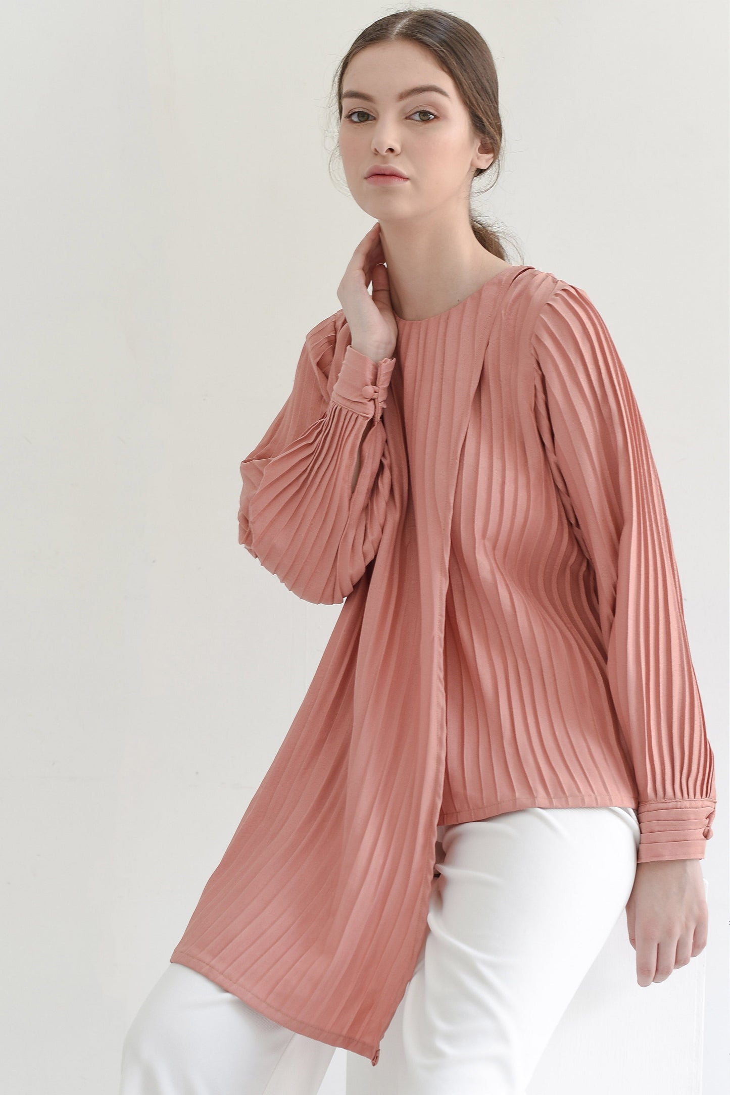 Cantaloupe Asymmetric Pleated Blouse