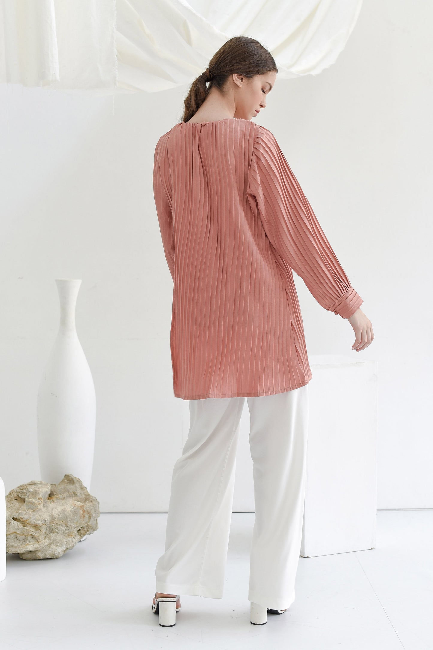 Cantaloupe Asymmetric Pleated Blouse