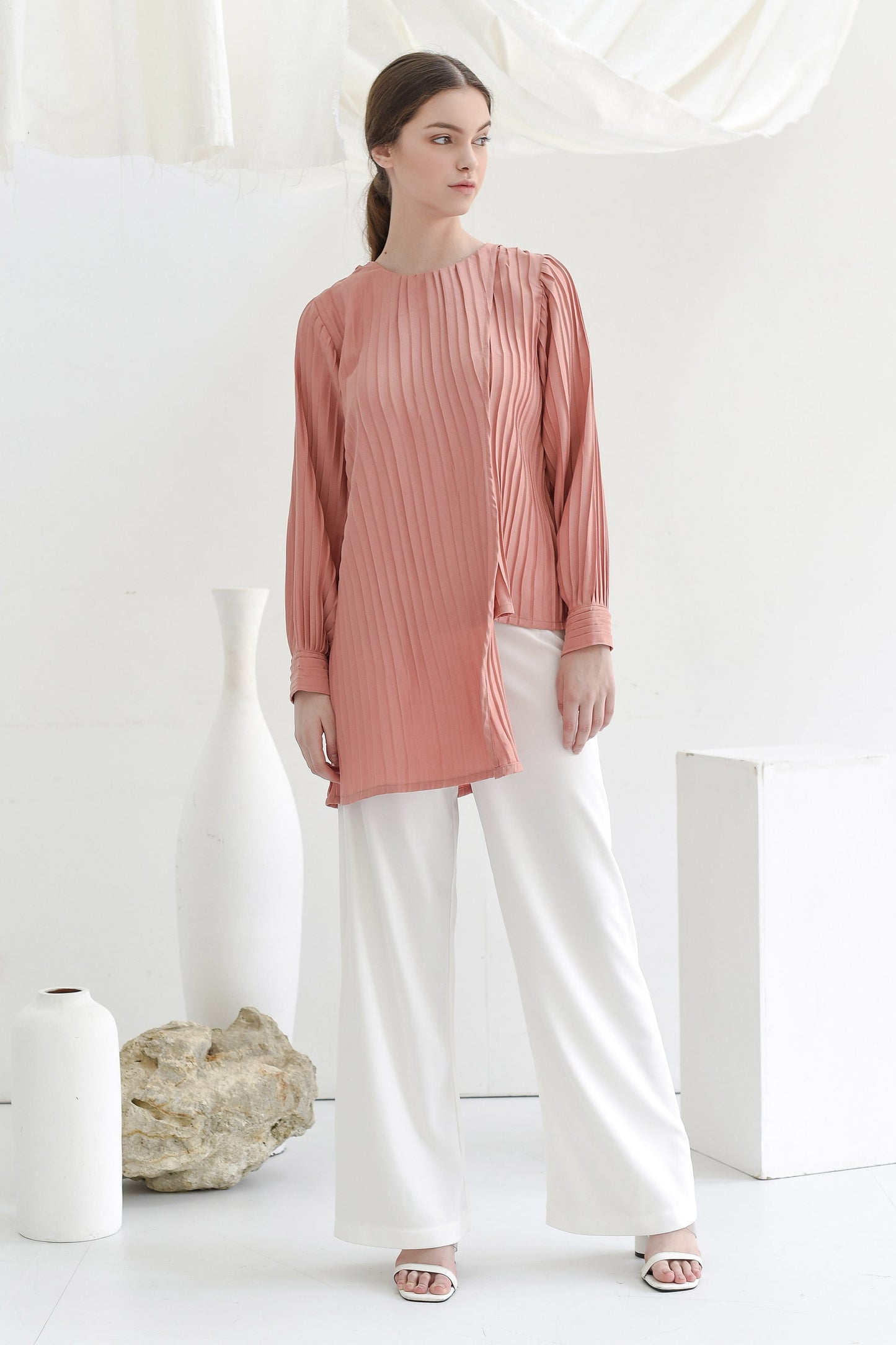 Cantaloupe Asymmetric Pleated Blouse