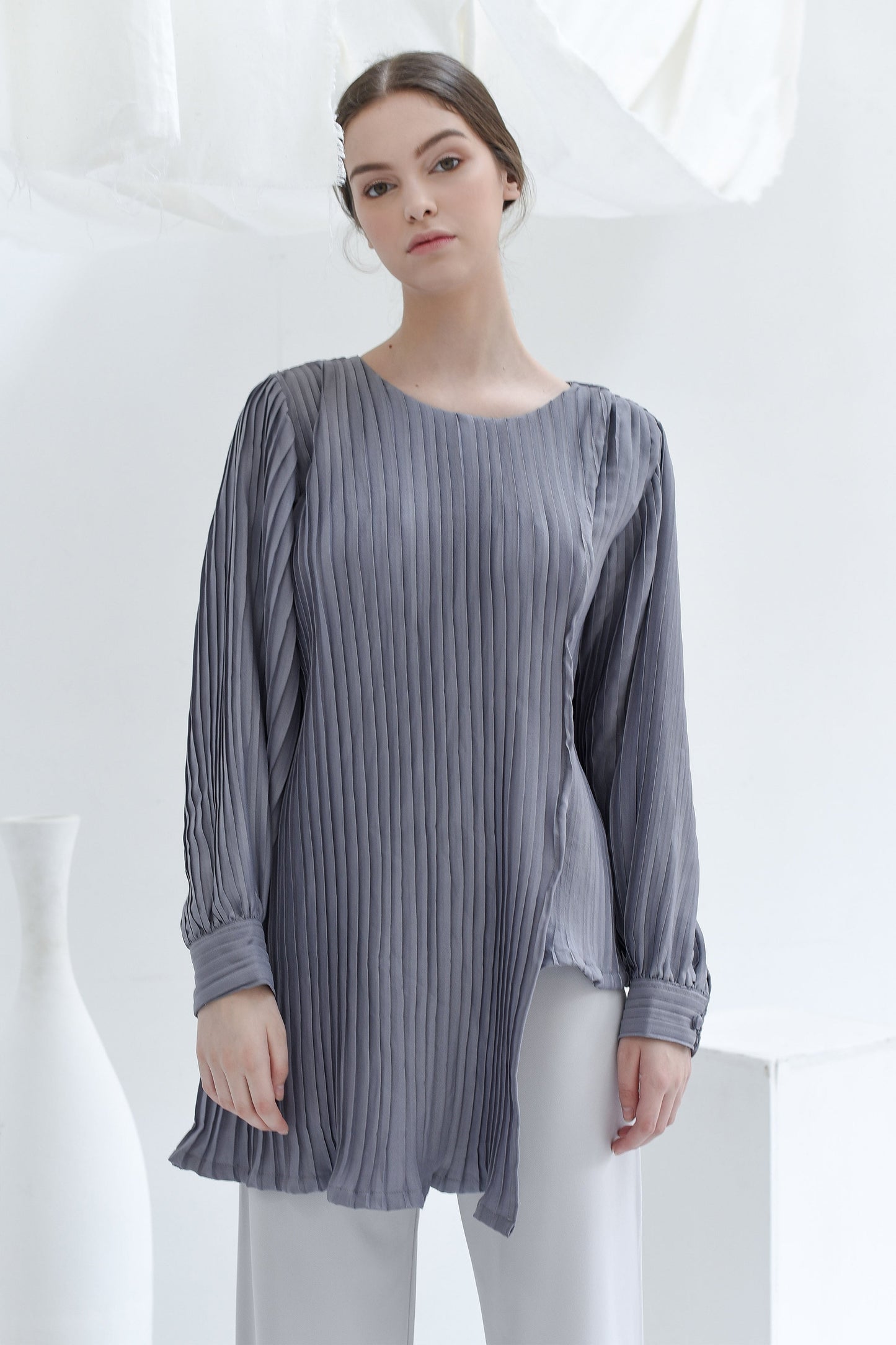 Grey Asymmetric Pleated Blouse