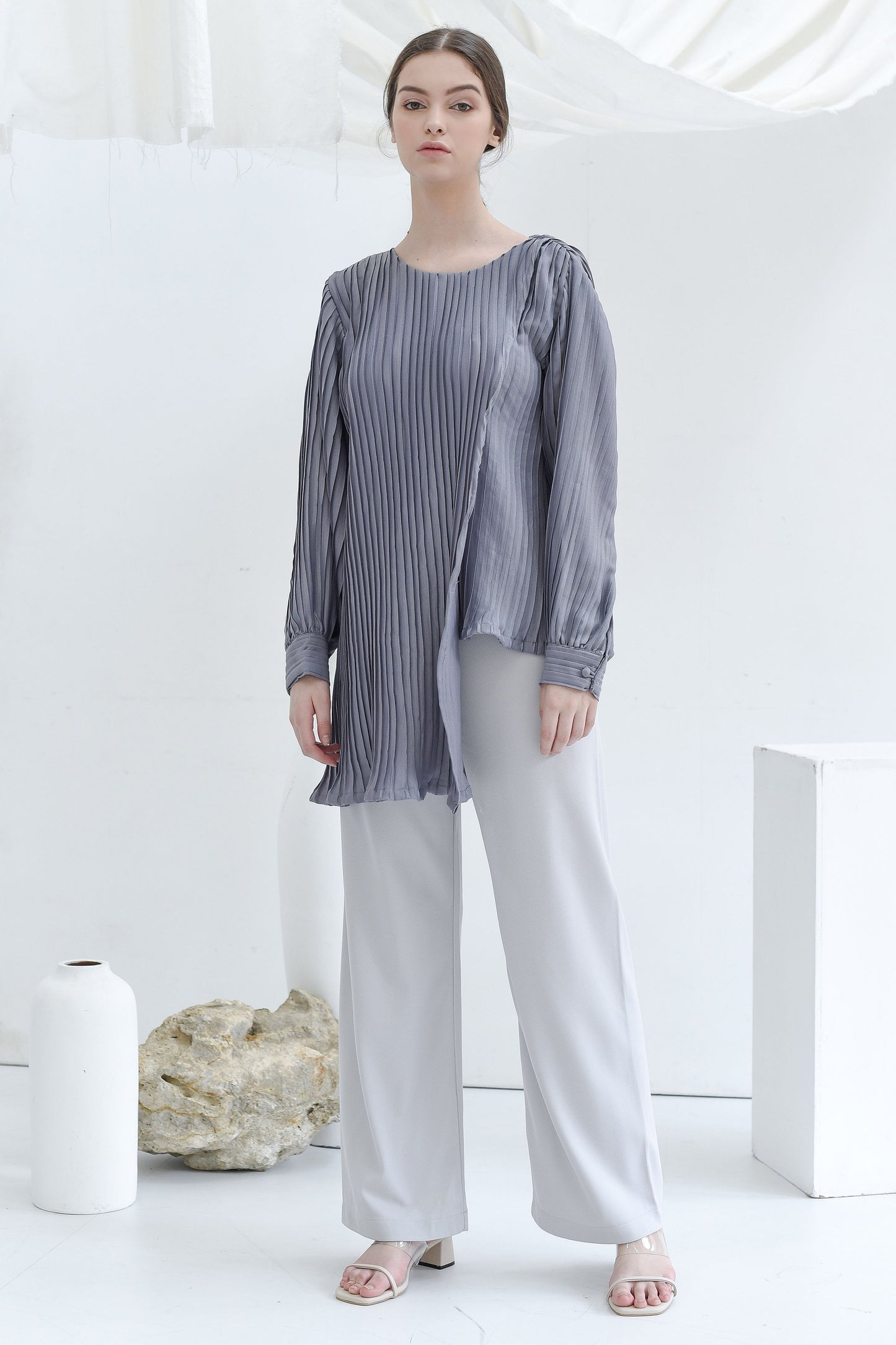 Grey Asymmetric Pleated Blouse