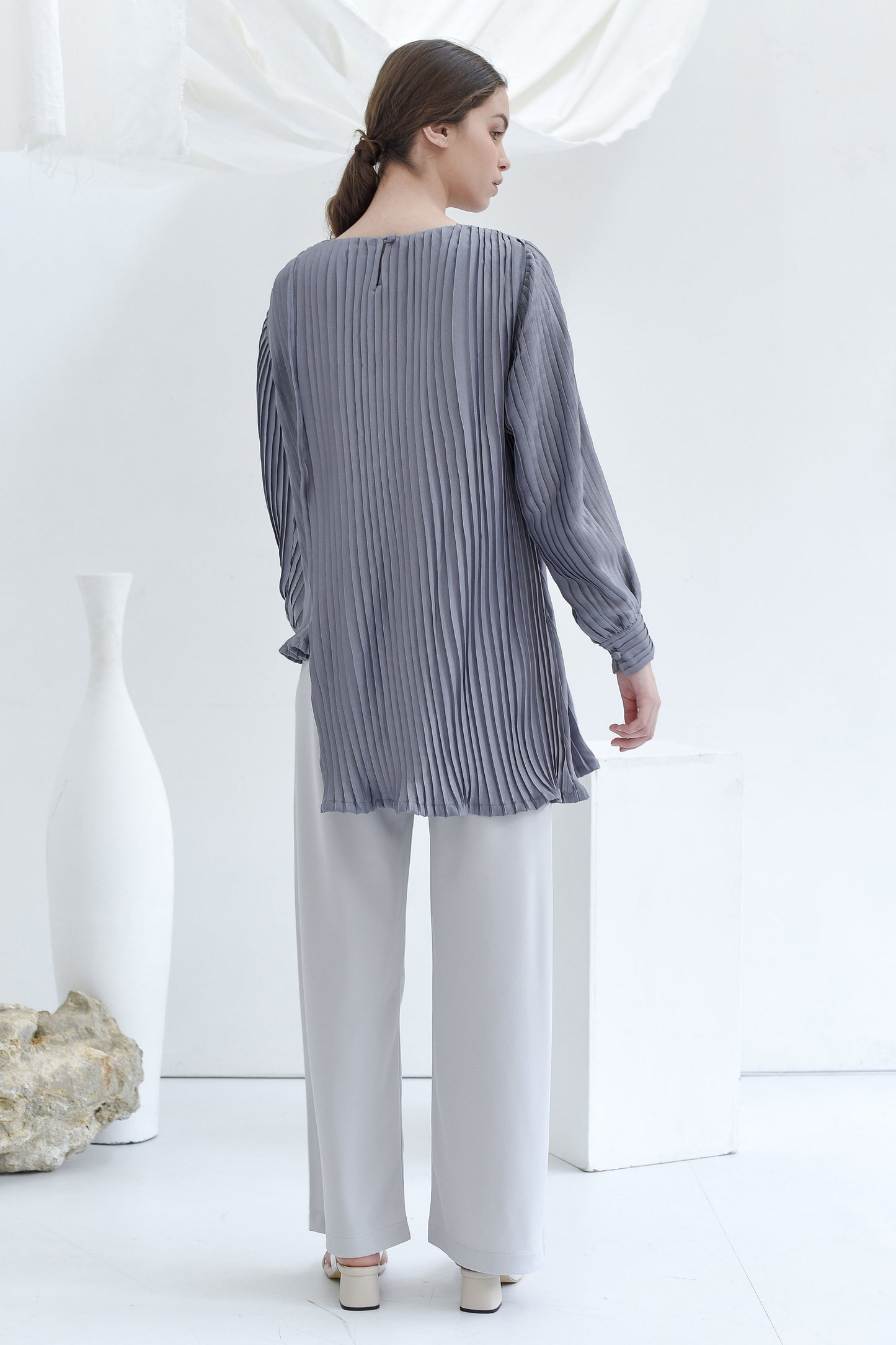 Grey Asymmetric Pleated Blouse