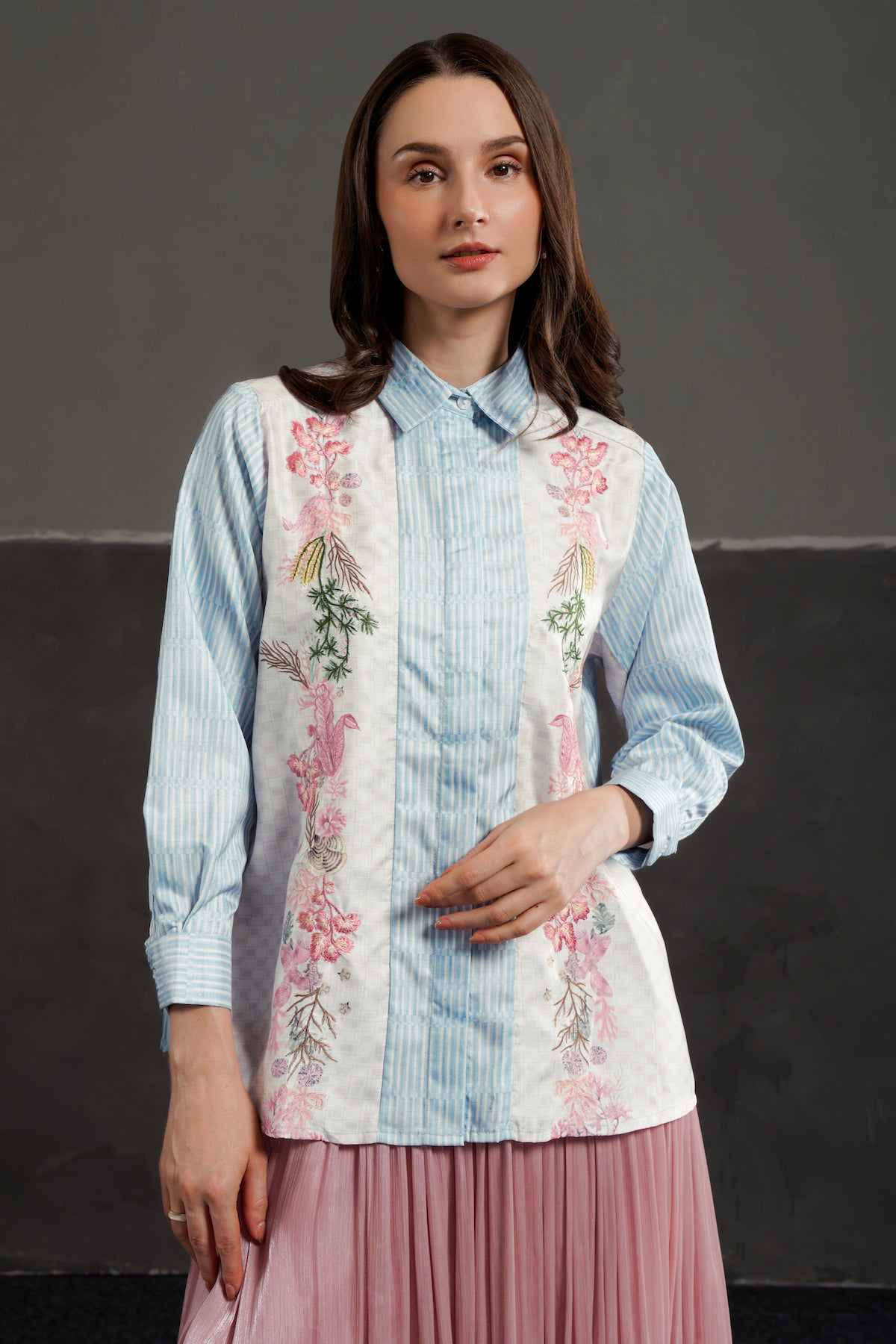 Coral Dreams Embroidery Shirt - Blue