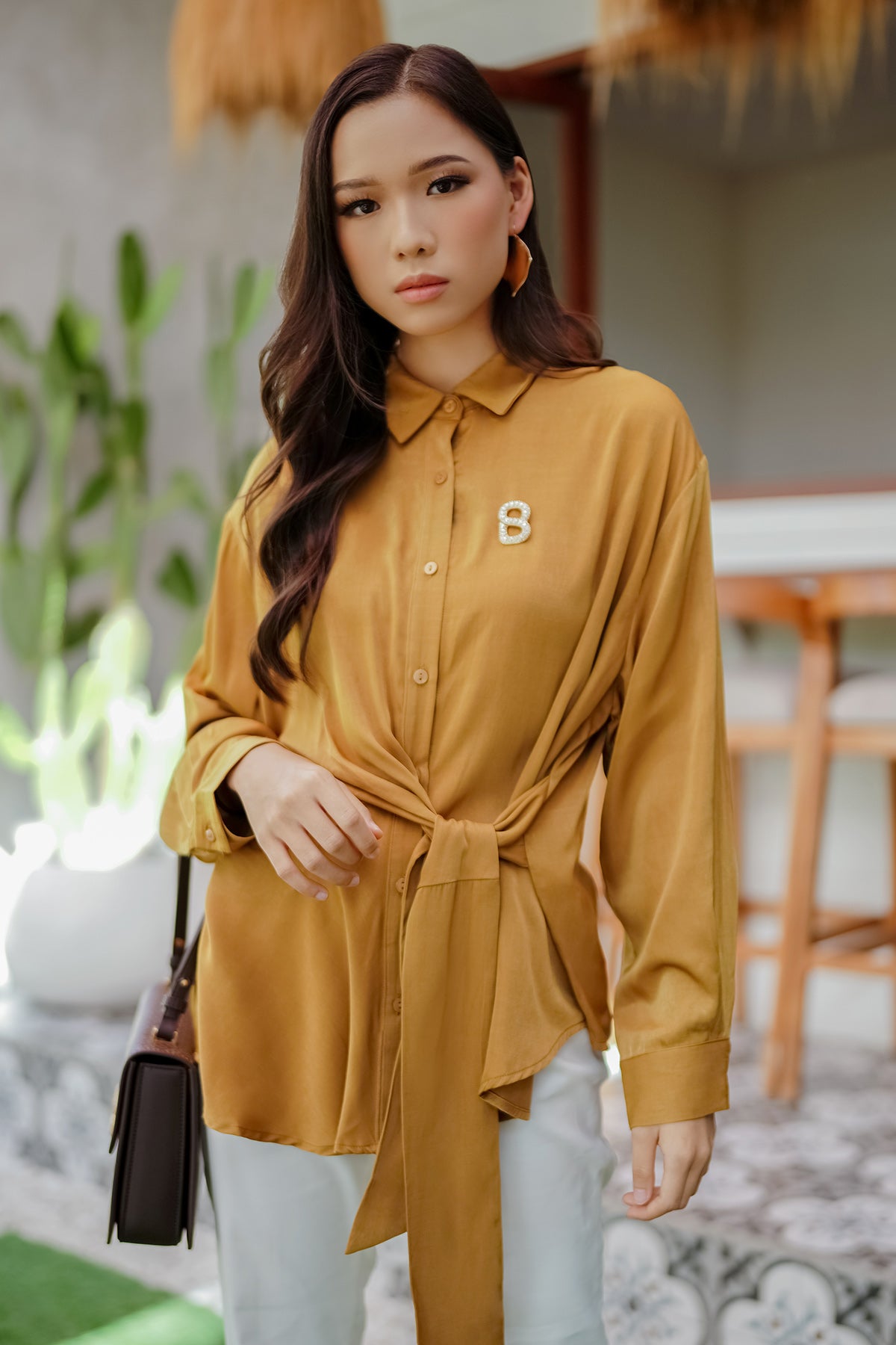 Pippa Shirt with Asymmetric Tie - Mustard