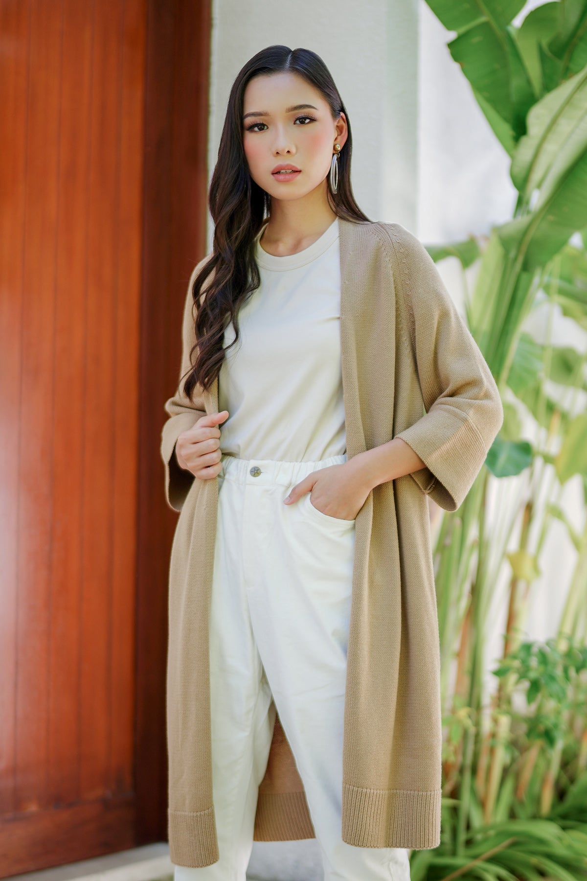 Woven Long Cardigan - Tan