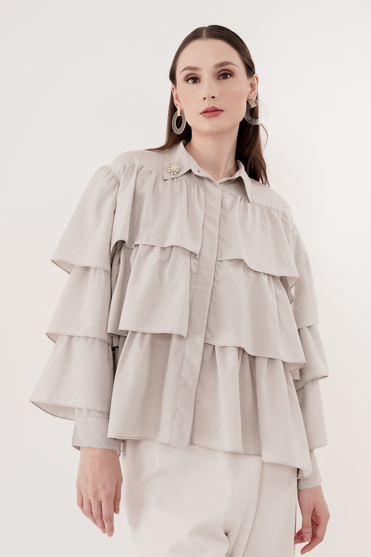 Tiered Ruffle Shirt - Light Grey