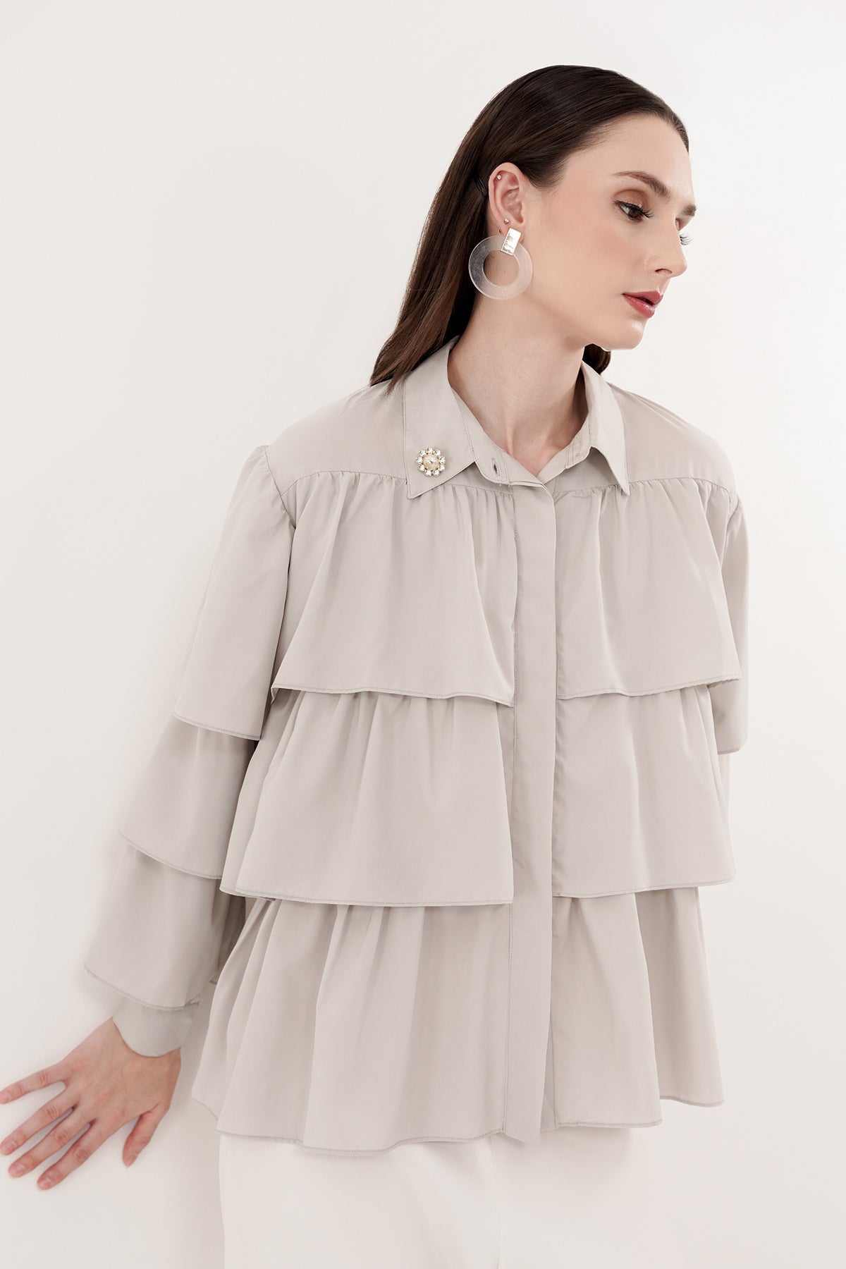 Tiered Ruffle Shirt - Light Grey