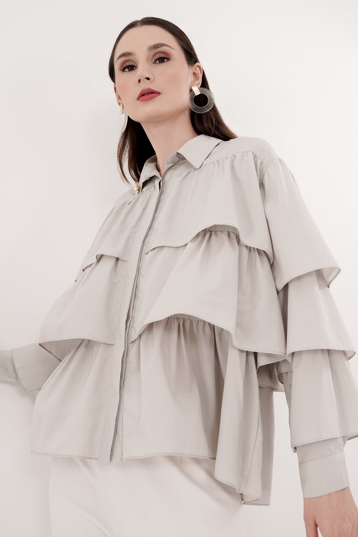 Tiered Ruffle Shirt - Light Grey