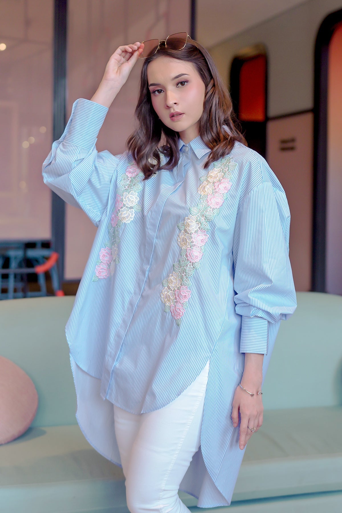 Blue Flower Embroidery Shirt