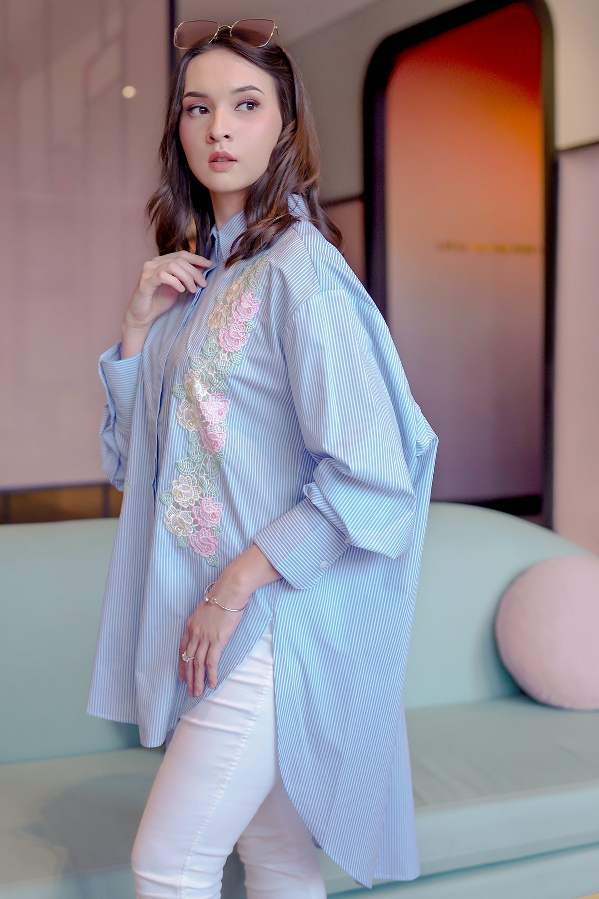 Blue Flower Embroidery Shirt