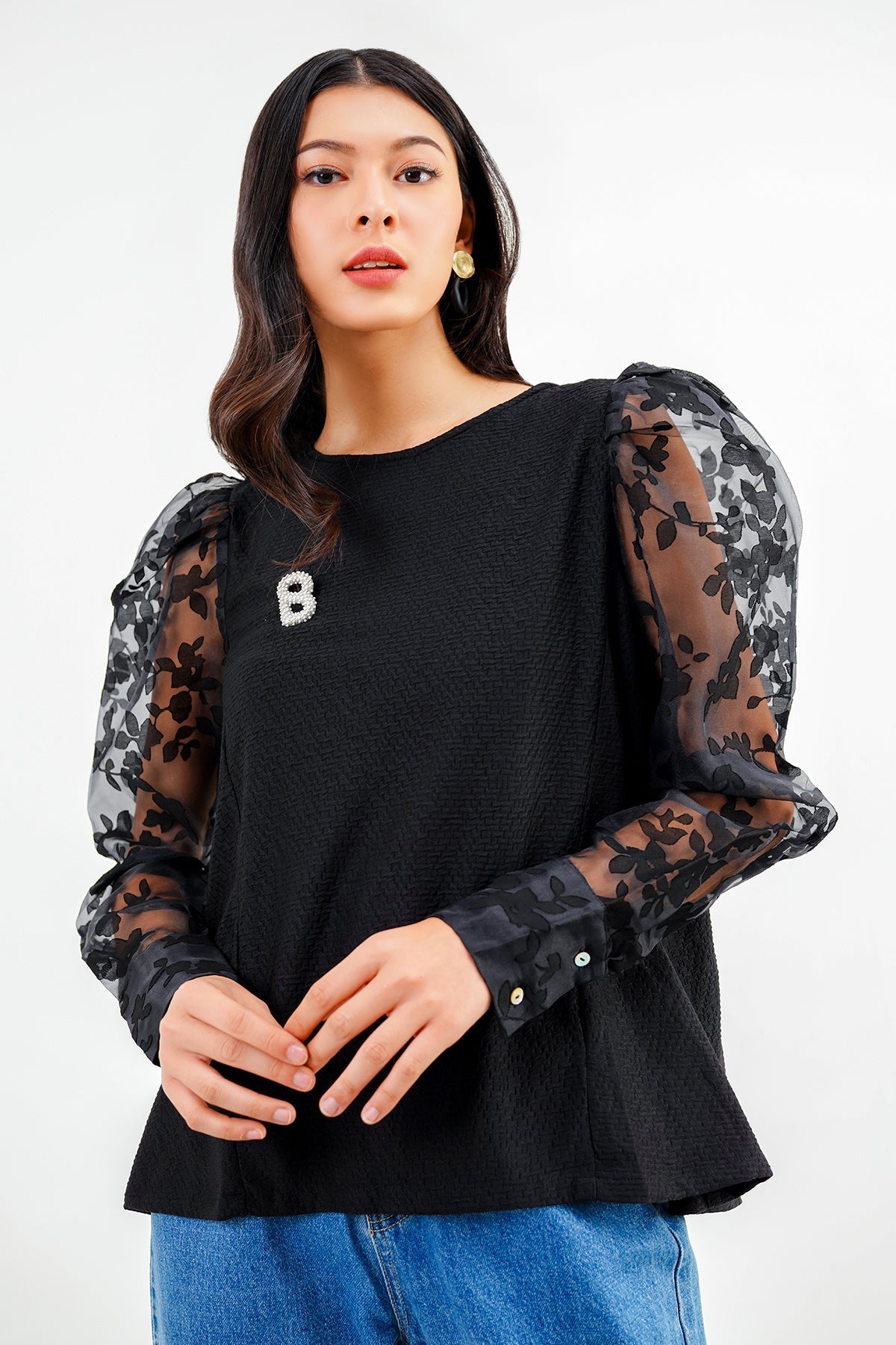 Carla Organza Sleeve Top - Black