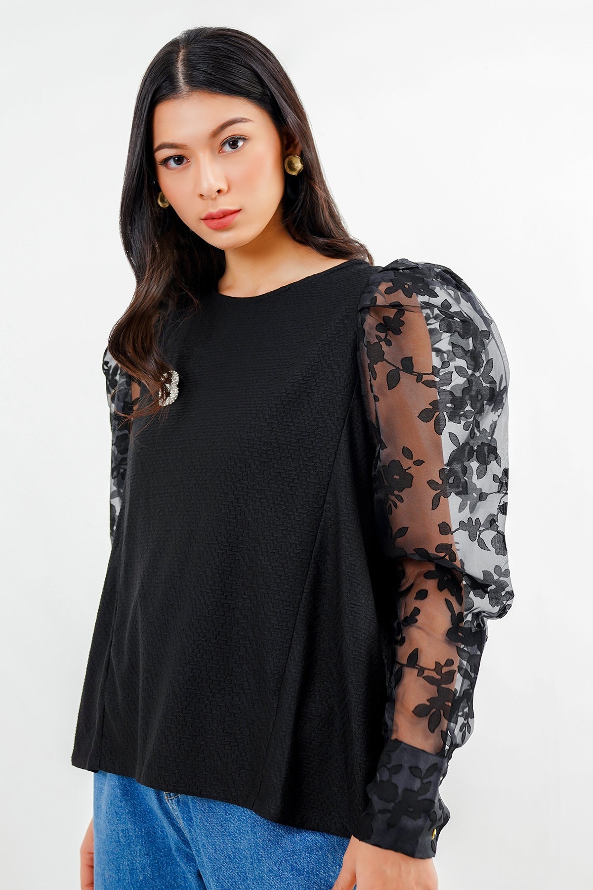 Carla Organza Sleeve Top - Black