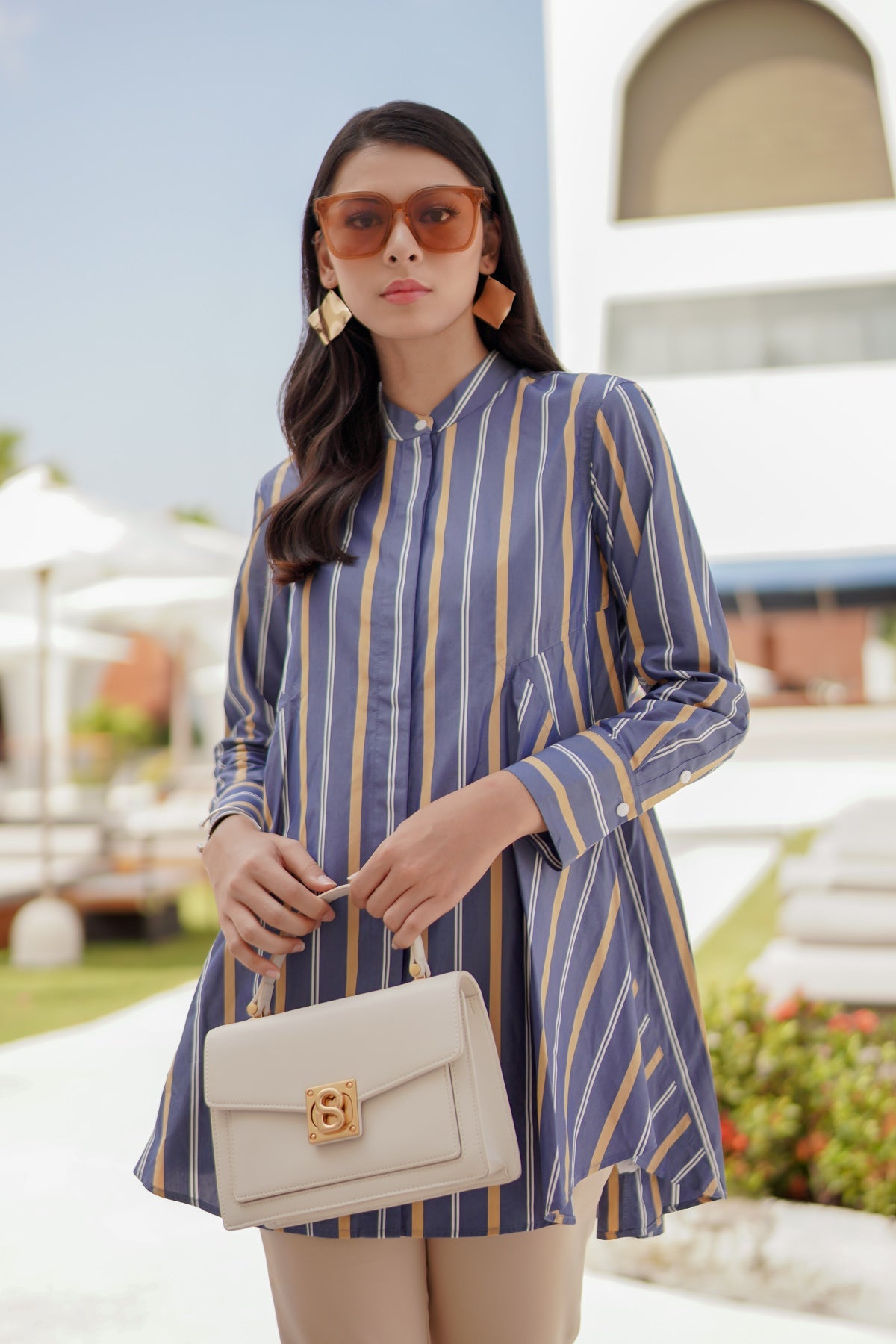 Kylie Shirt - Blue/Beige Stripes