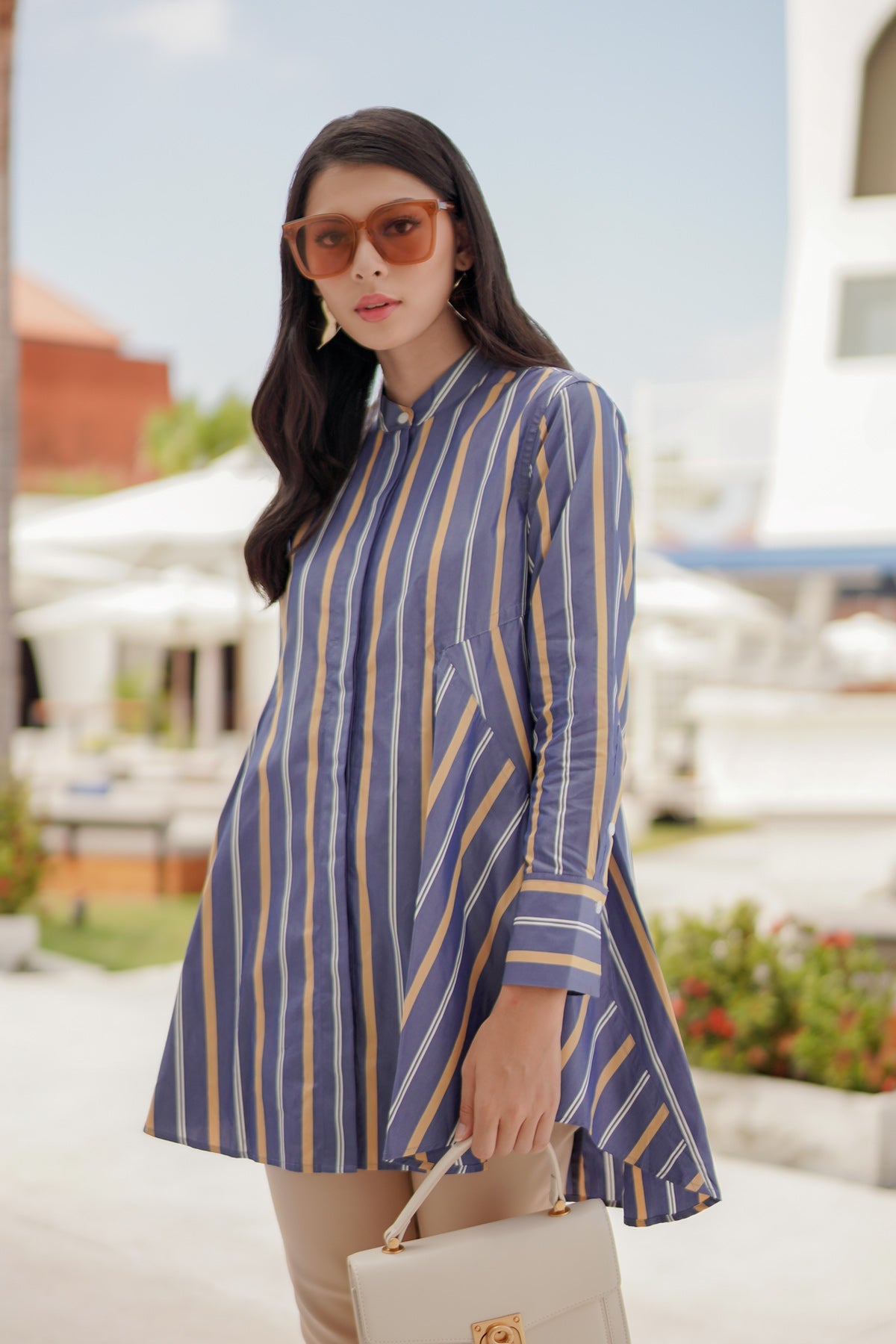 Kylie Shirt - Blue/Beige Stripes