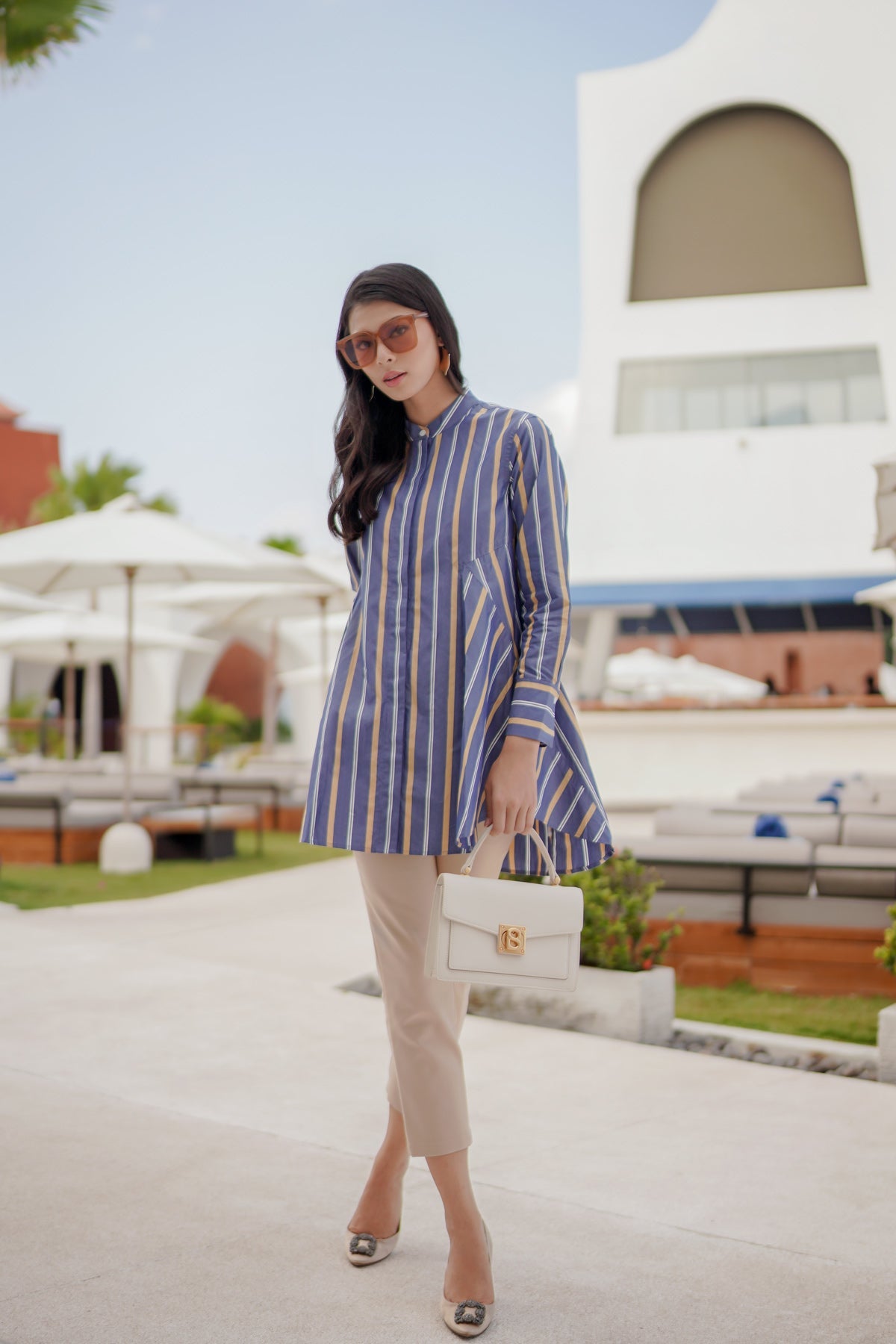 Kylie Shirt - Blue/Beige Stripes