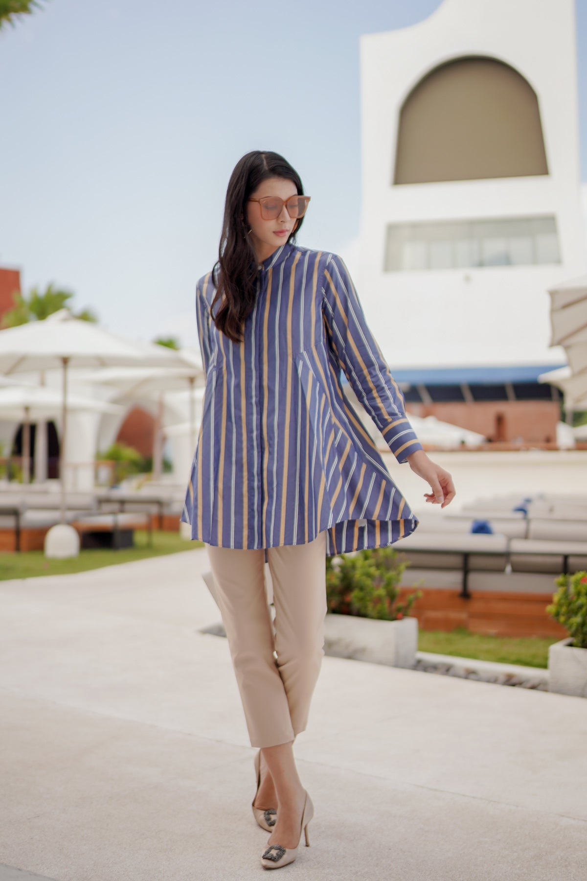 Kylie Shirt - Blue/Beige Stripes