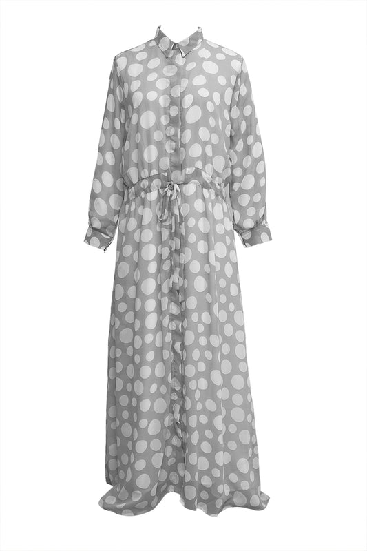 Polkadot Dress With Drawstring - Grey