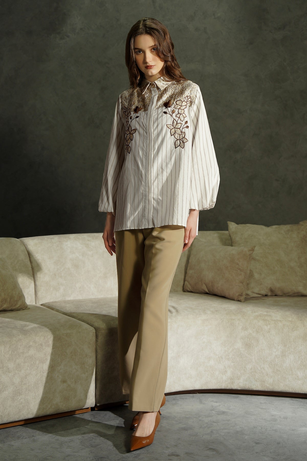 Kalea Embroidery Stripe Shirt - Cashmere