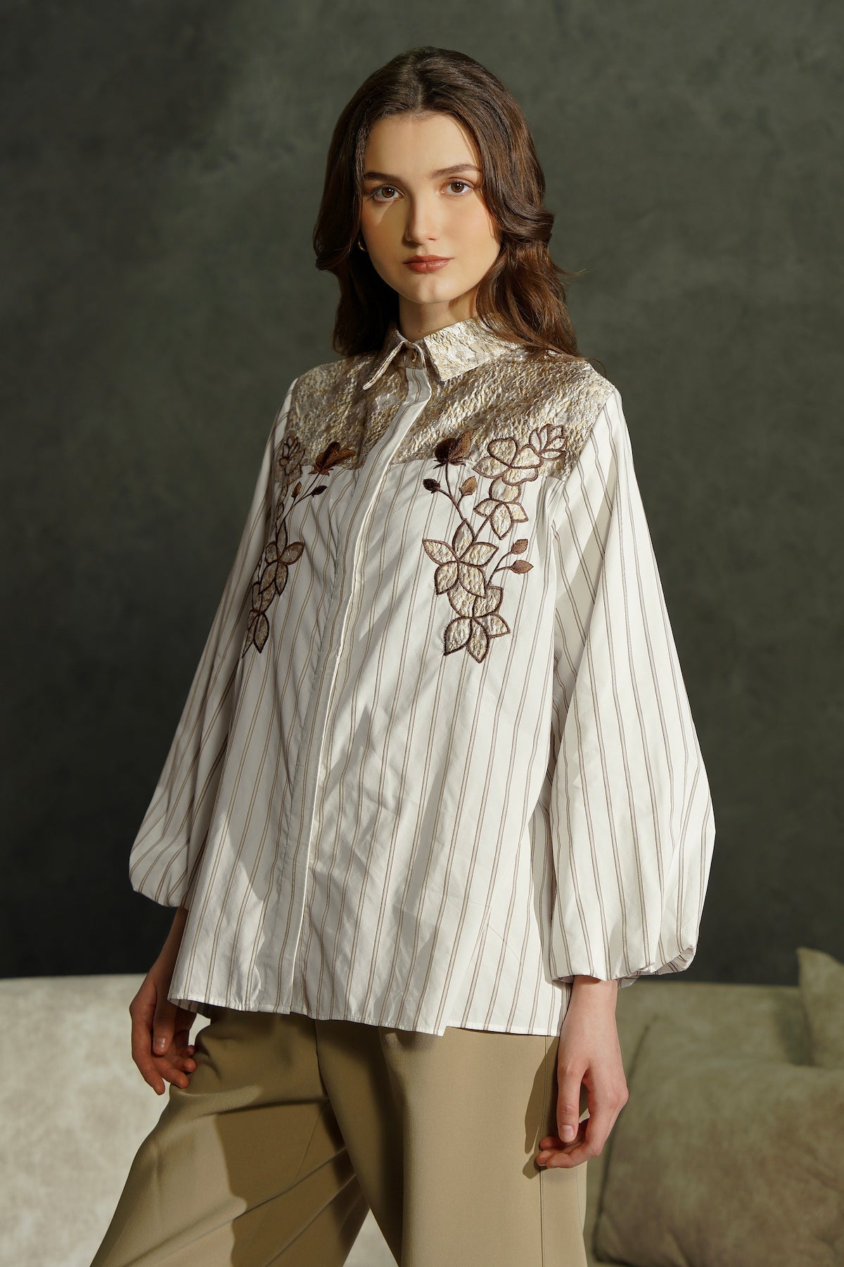 Kalea Embroidery Stripe Shirt - Cashmere