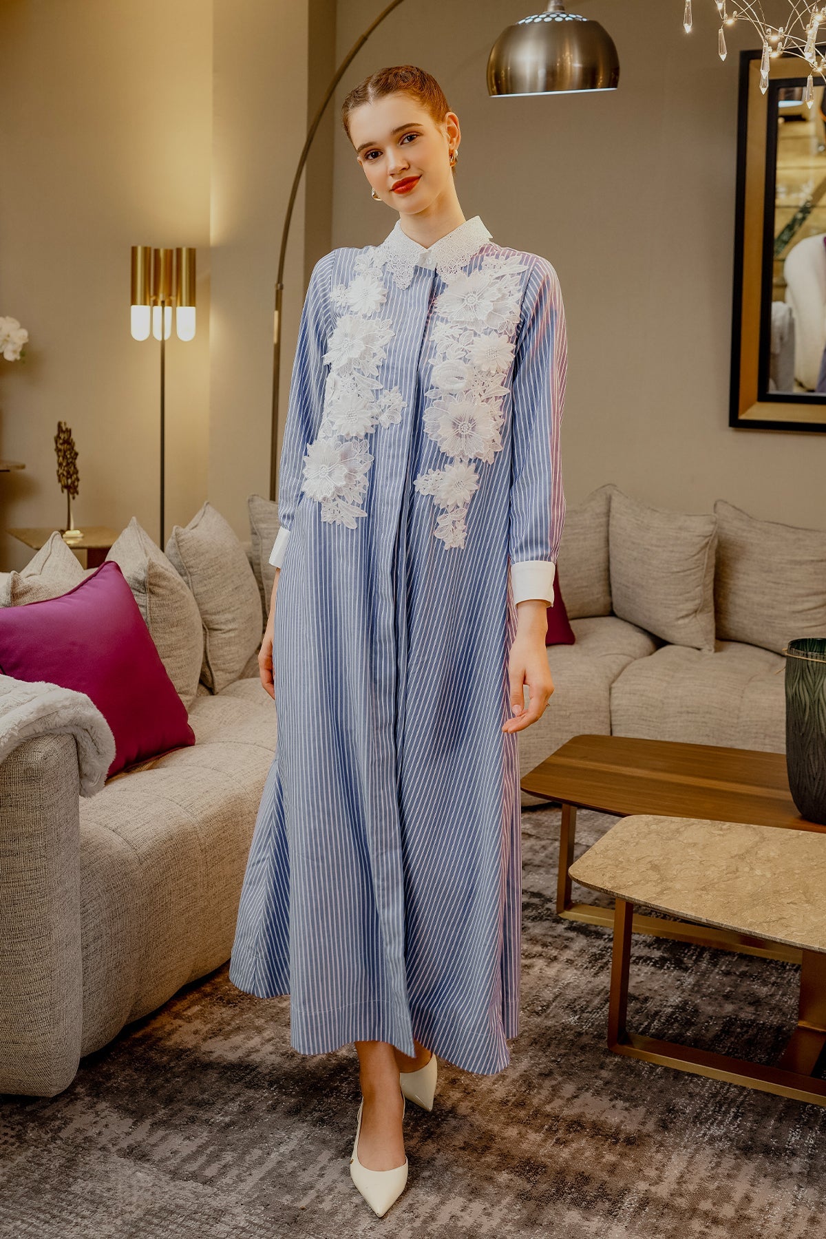 Feya Embroidered Shirt Dress - Blue