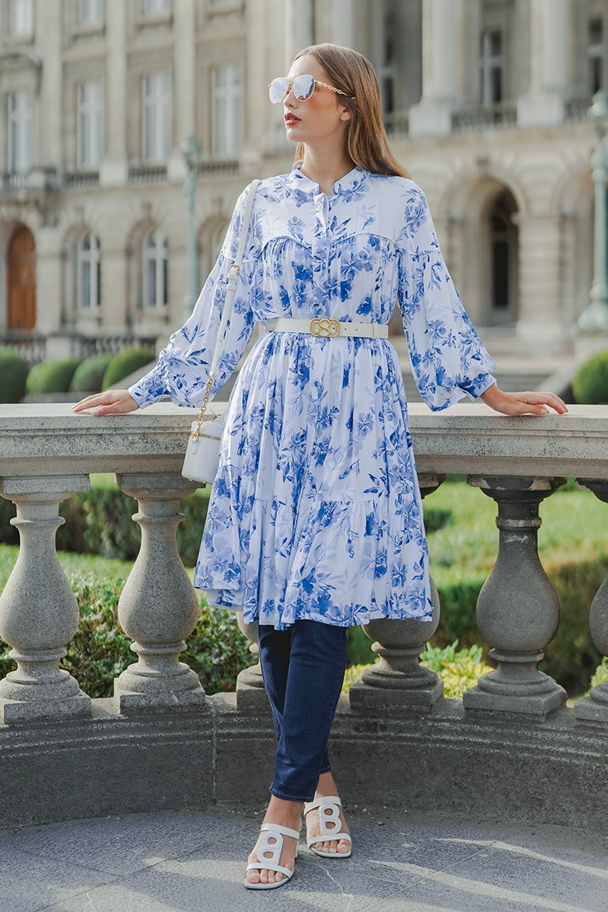 Into The Blue Gathered Midi Satin Dress - Blue Flower