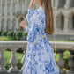 Into The Blue Gathered Midi Satin Dress - Blue Flower