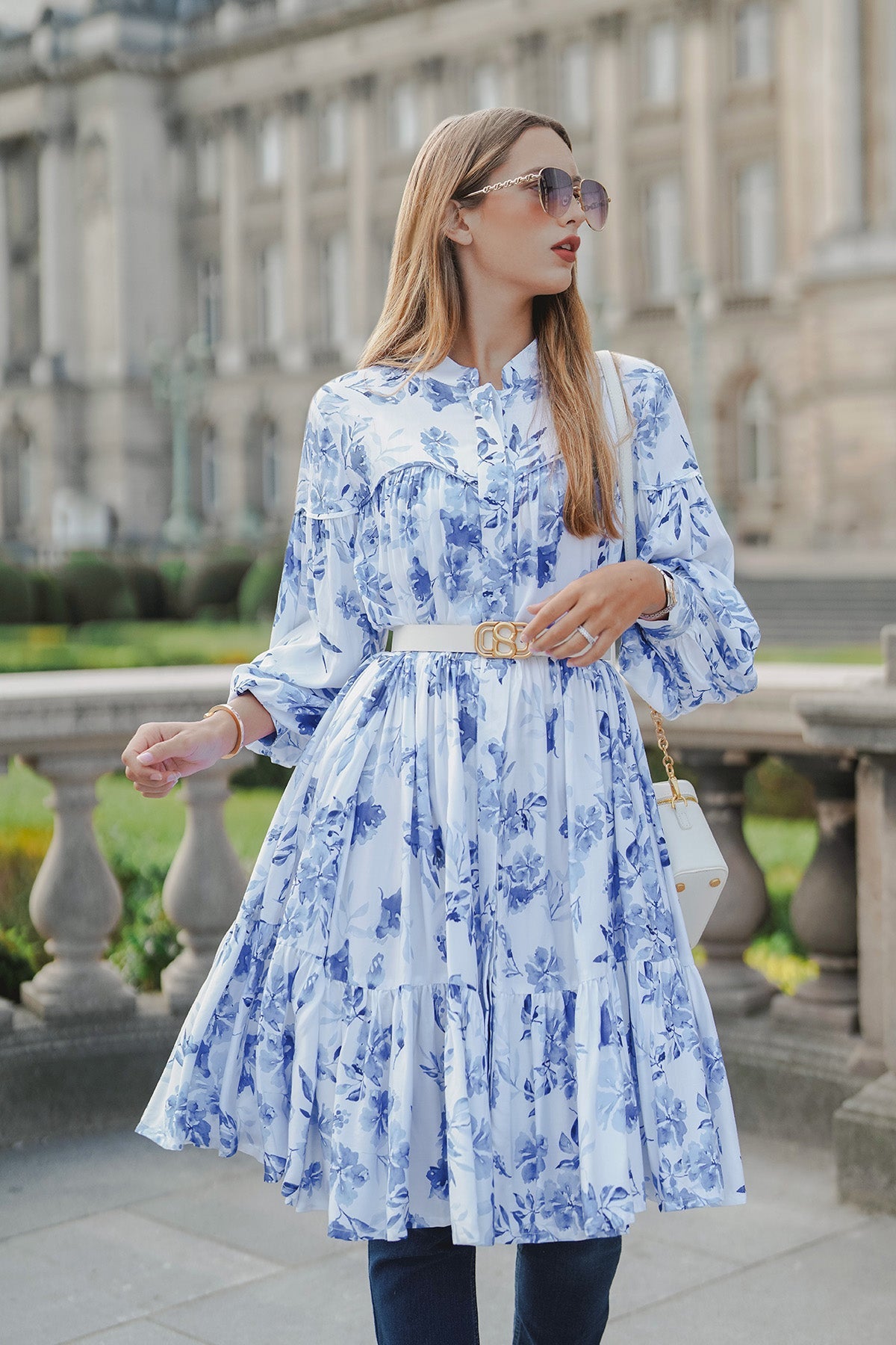 Into The Blue Gathered Midi Satin Dress - Blue Flower