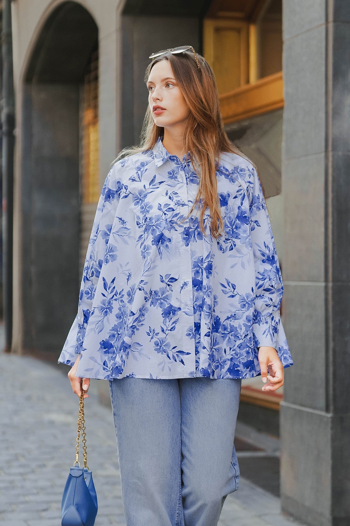 Into The Blue Raglan Cotton Shirt - Blue Flower