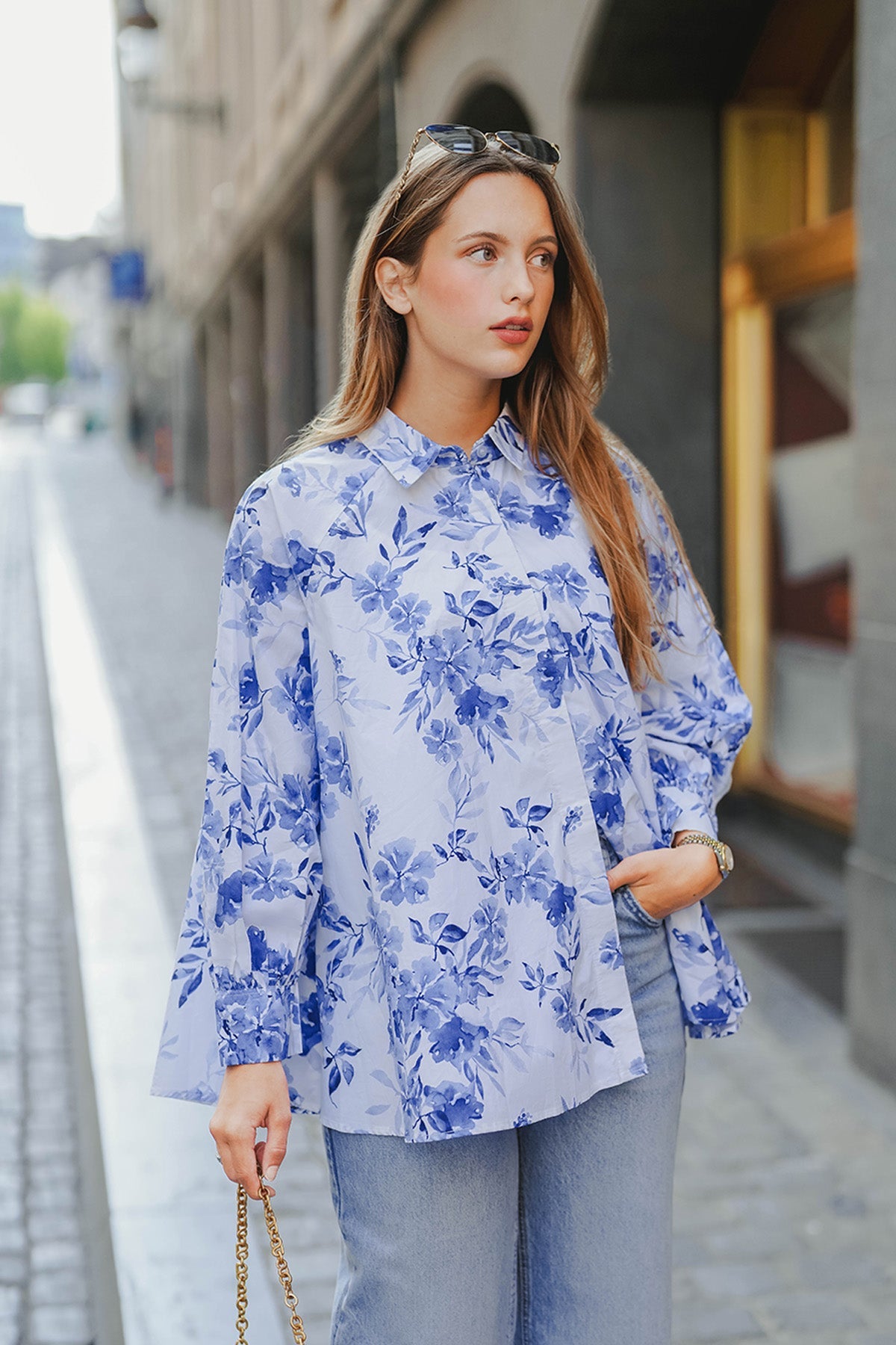 Into The Blue Raglan Cotton Shirt - Blue Flower