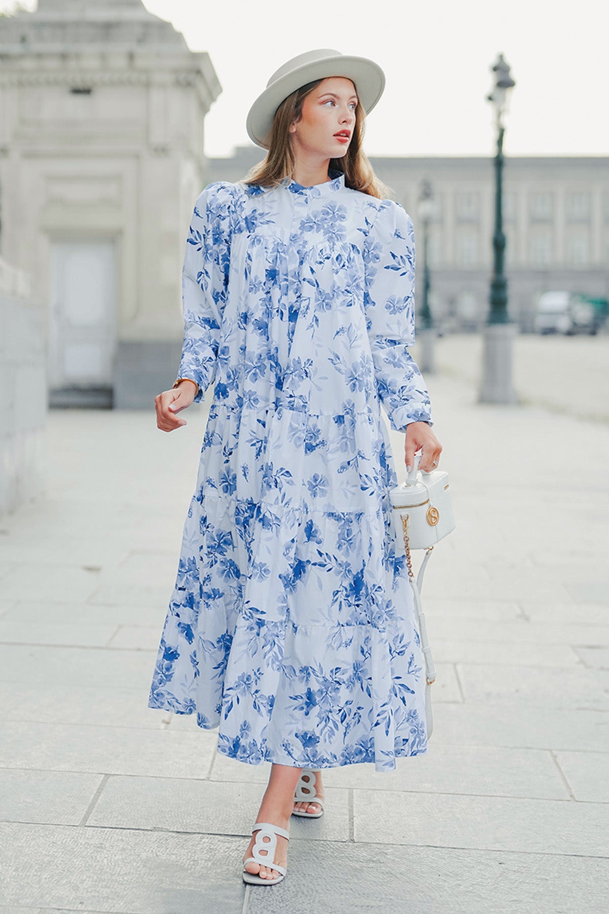 Into The Blue Tiered Maxi Cotton Dress - Blue Flower