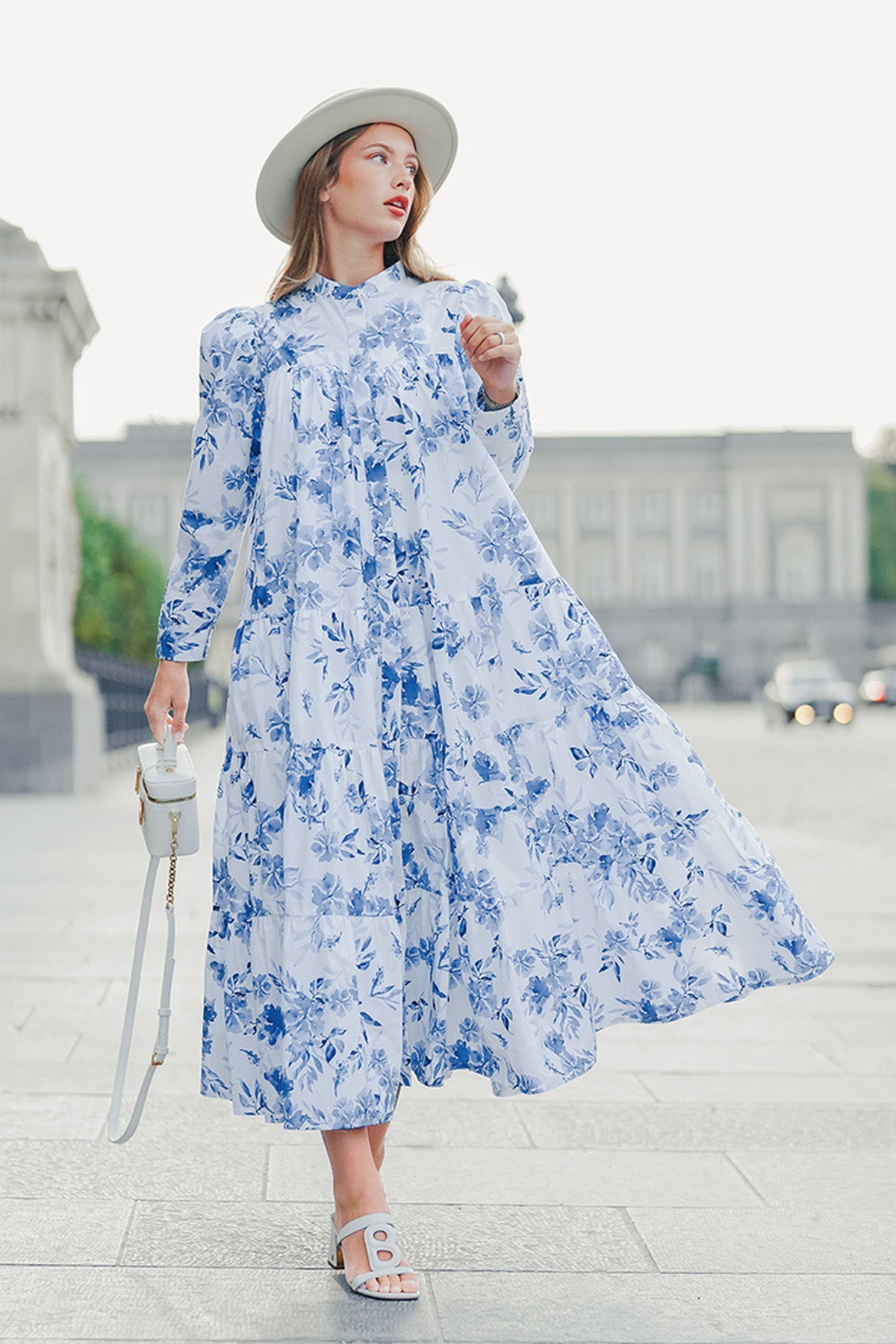 Into The Blue Tiered Maxi Cotton Dress - Blue Flower