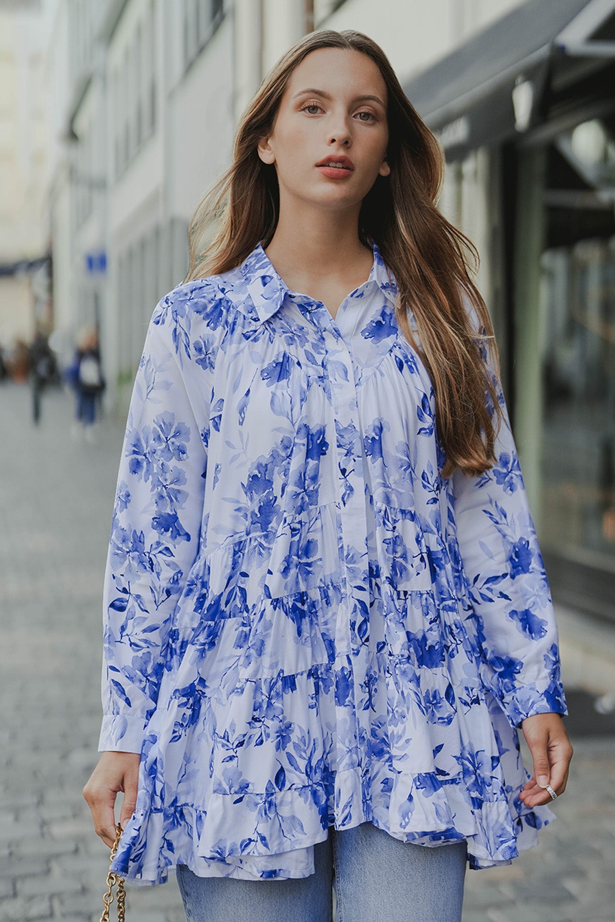 Into The Blue Tiered Satin Shirt - Blue Flower