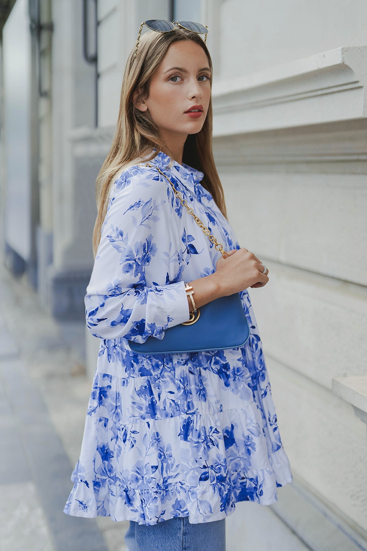 Into The Blue Tiered Satin Shirt - Blue Flower