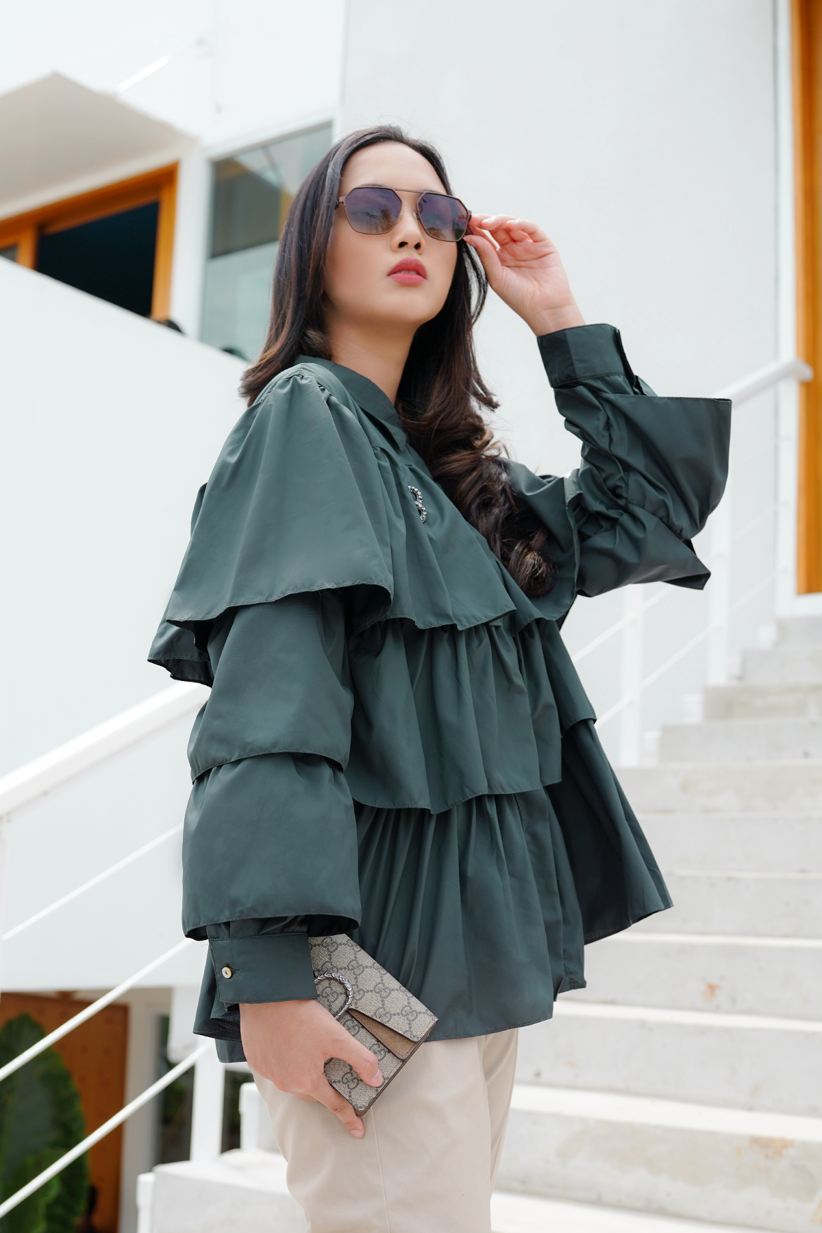 Teal Green Tiered Ruffle Shirt