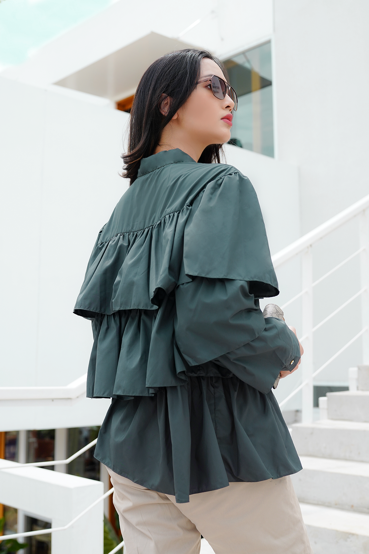 Teal Green Tiered Ruffle Shirt