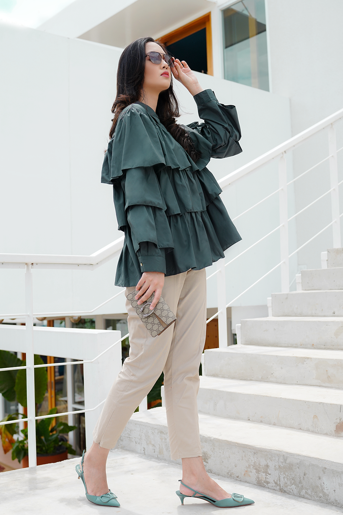 Teal Green Tiered Ruffle Shirt