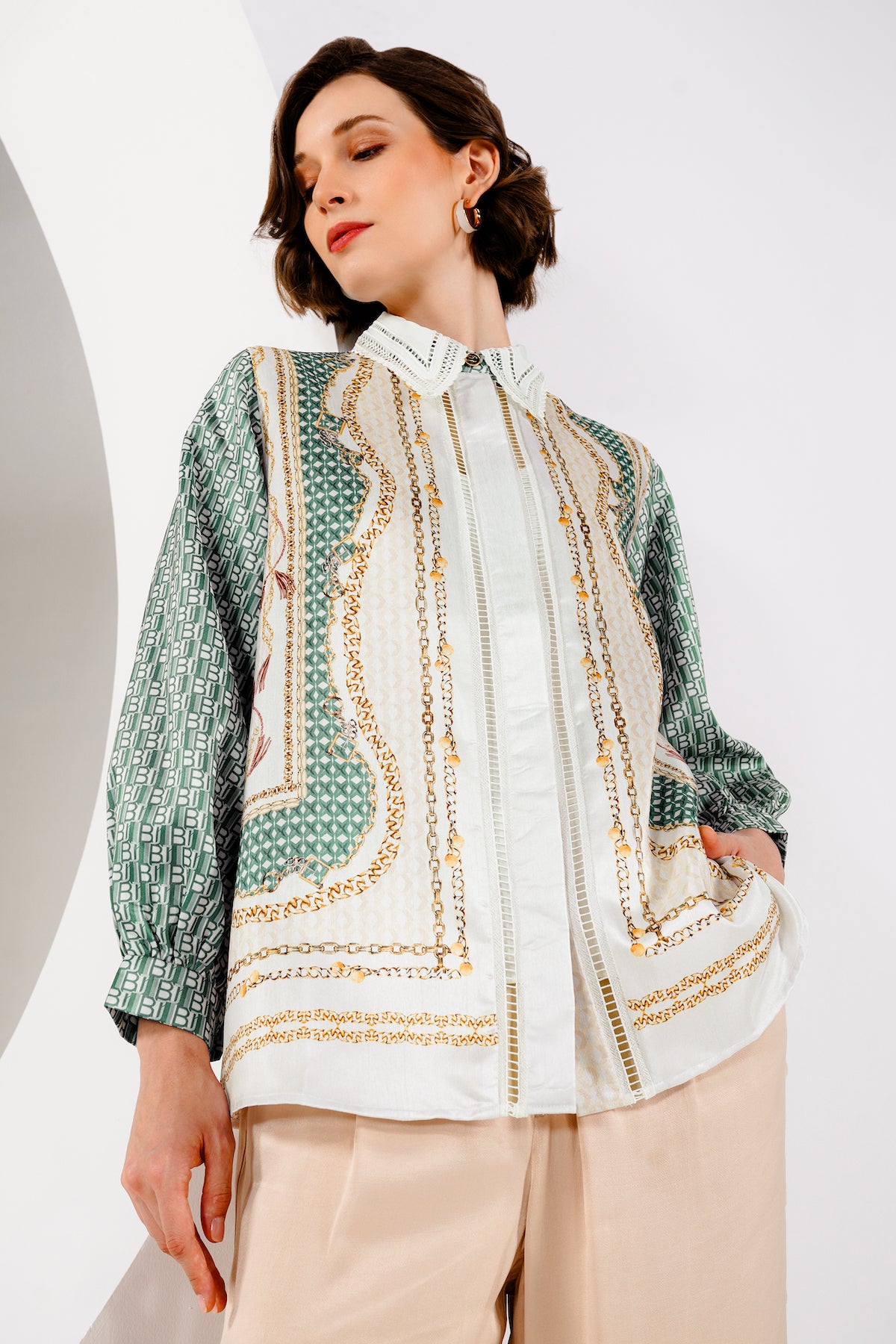 Luminosa Mix Lace Shirt - Antique Green