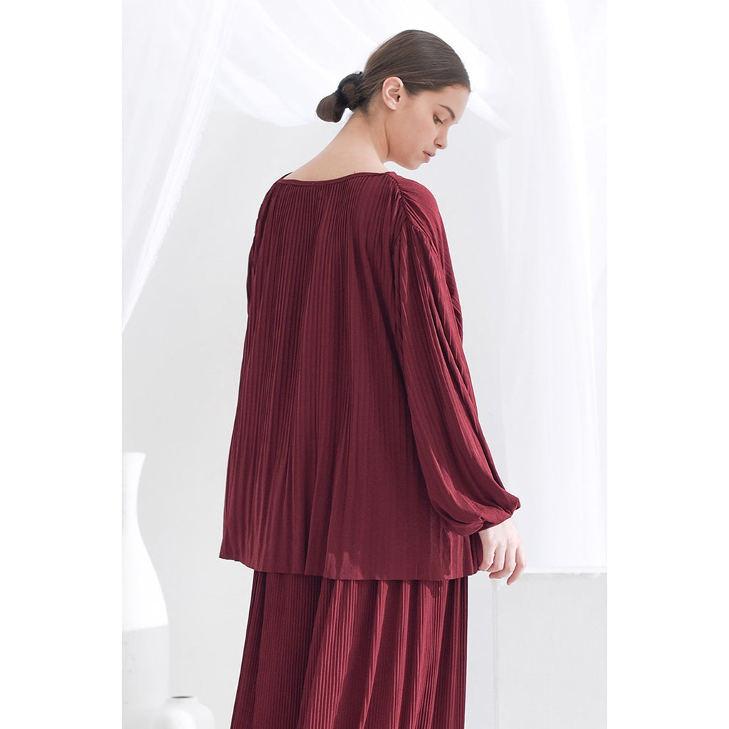 Maroon Pleats Me Flowy Blouse