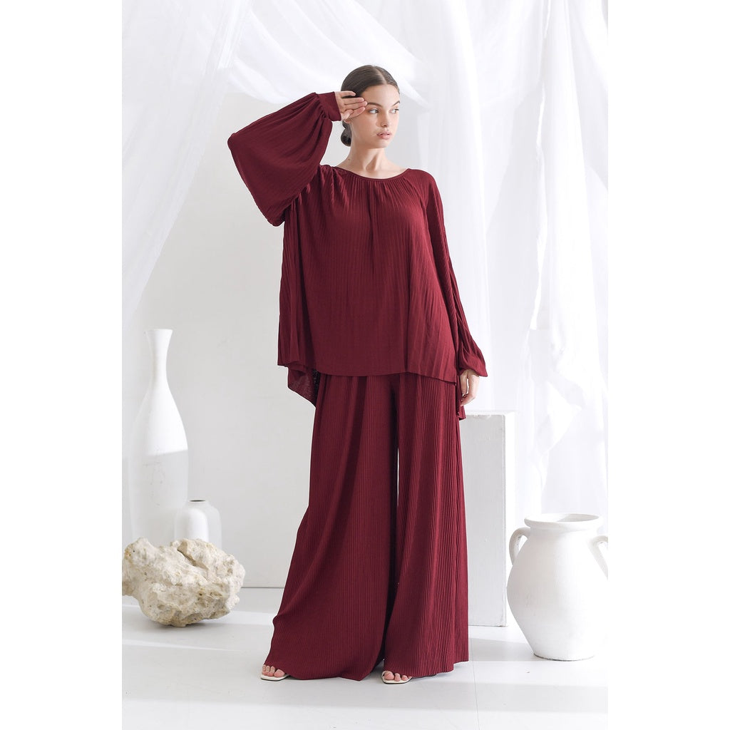 Maroon Pleats Me Flowy Blouse