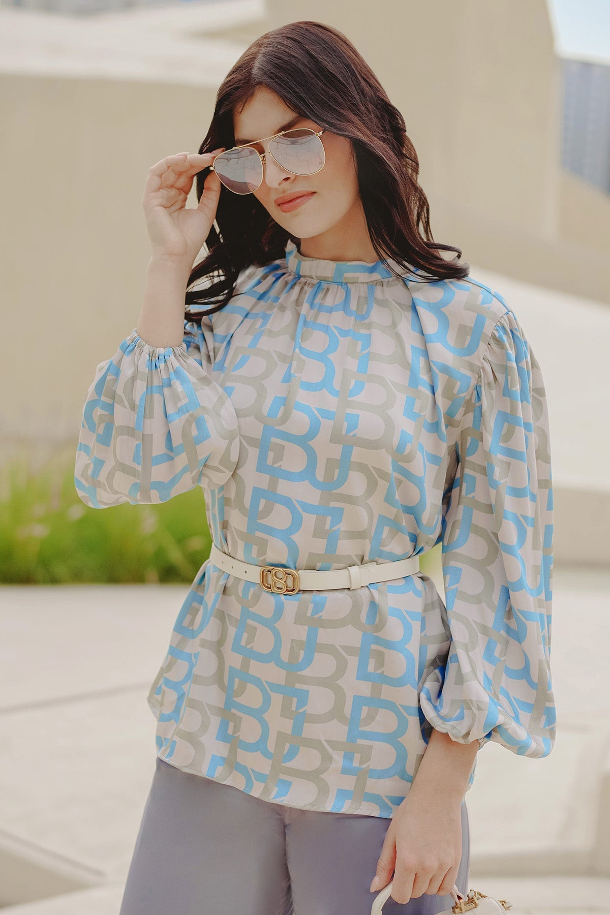 Monogram Gathered Blouse - Blue